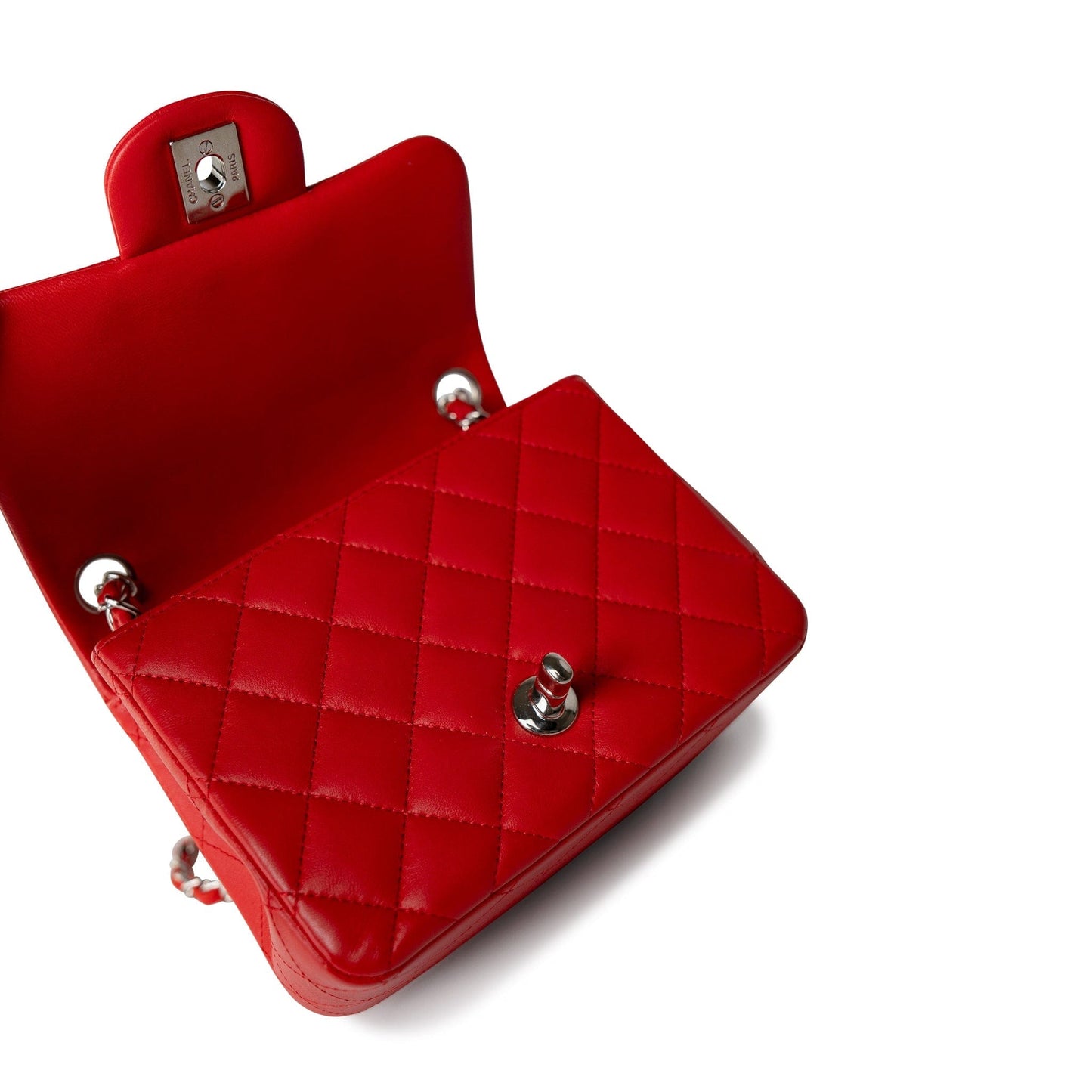 Red Lambskin Quilted Mini Square Flap Silver Hardware