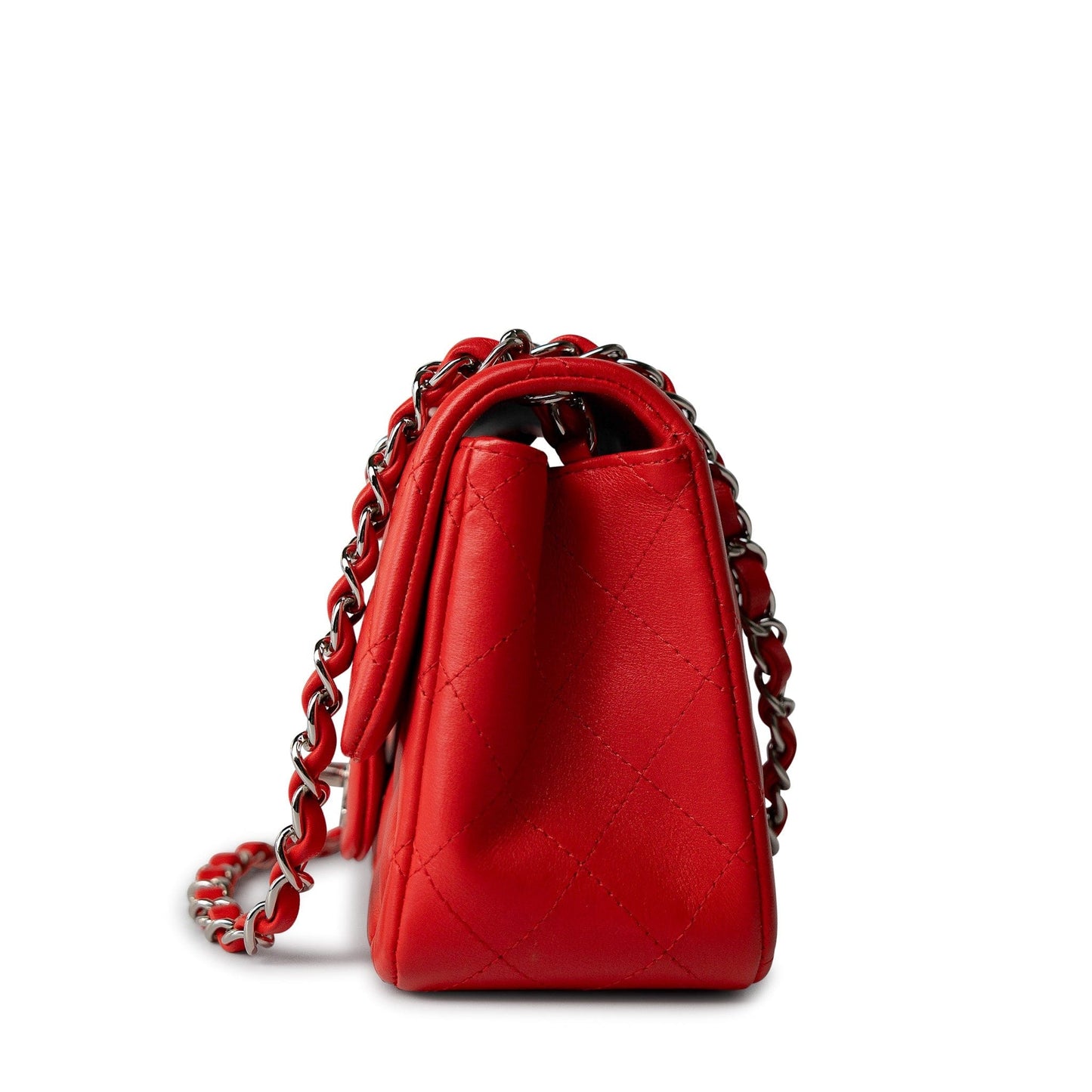 Red Lambskin Quilted Mini Square Flap Silver Hardware