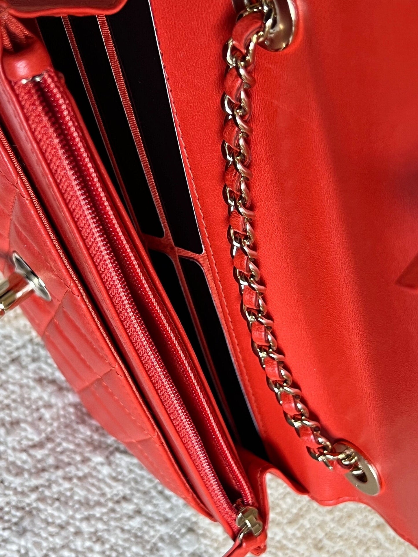 Red Lambskin Quilted Trendy CC Wallet on Chain (WOC)