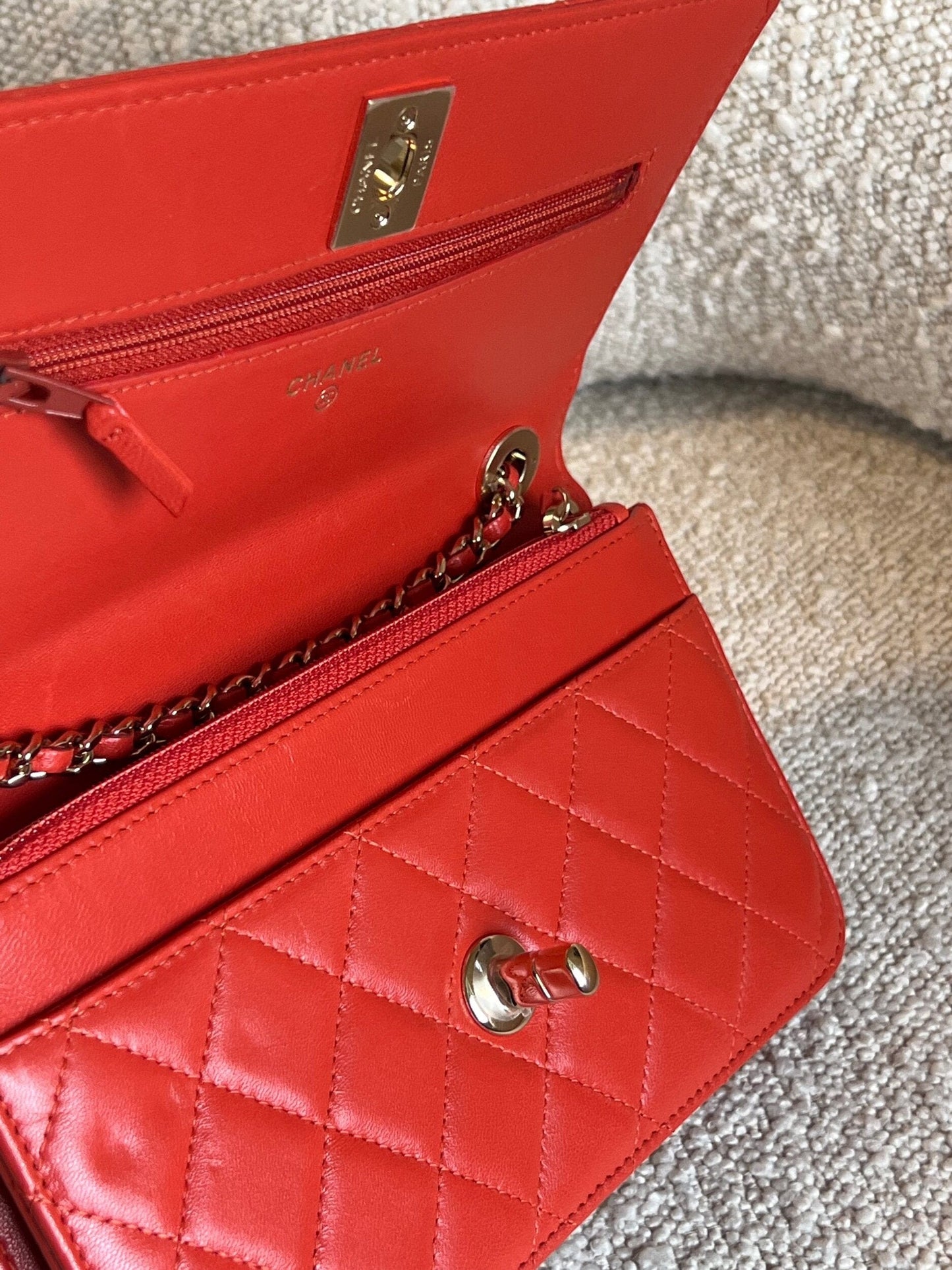 Red Lambskin Quilted Trendy CC Wallet on Chain (WOC)