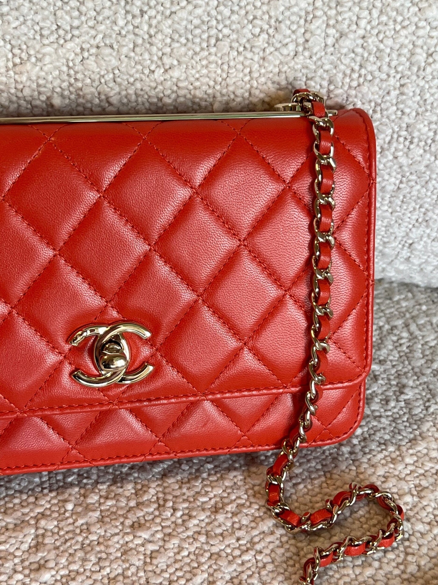 Red Lambskin Quilted Trendy CC Wallet on Chain (WOC)