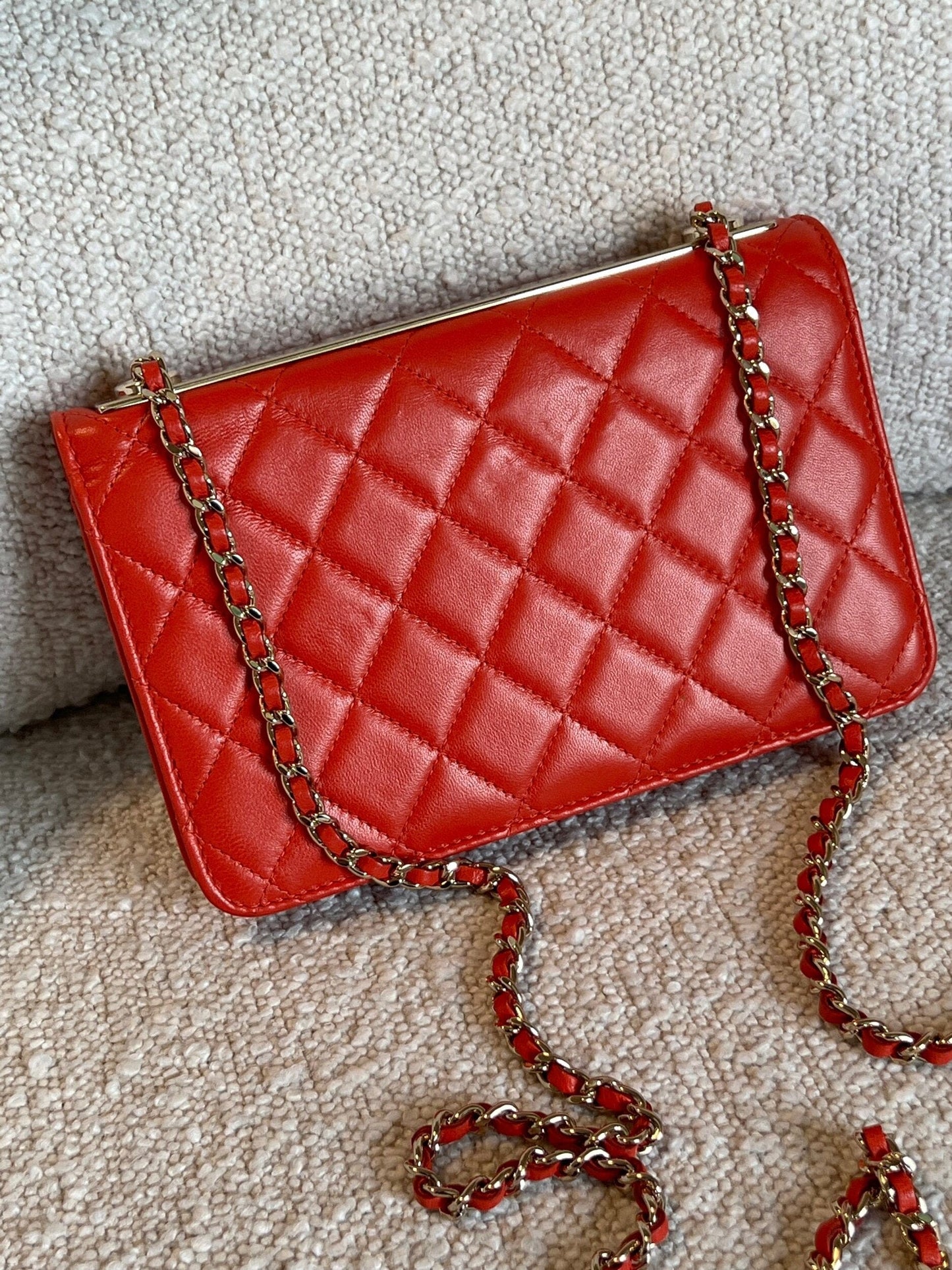 Red Lambskin Quilted Trendy CC Wallet on Chain (WOC)