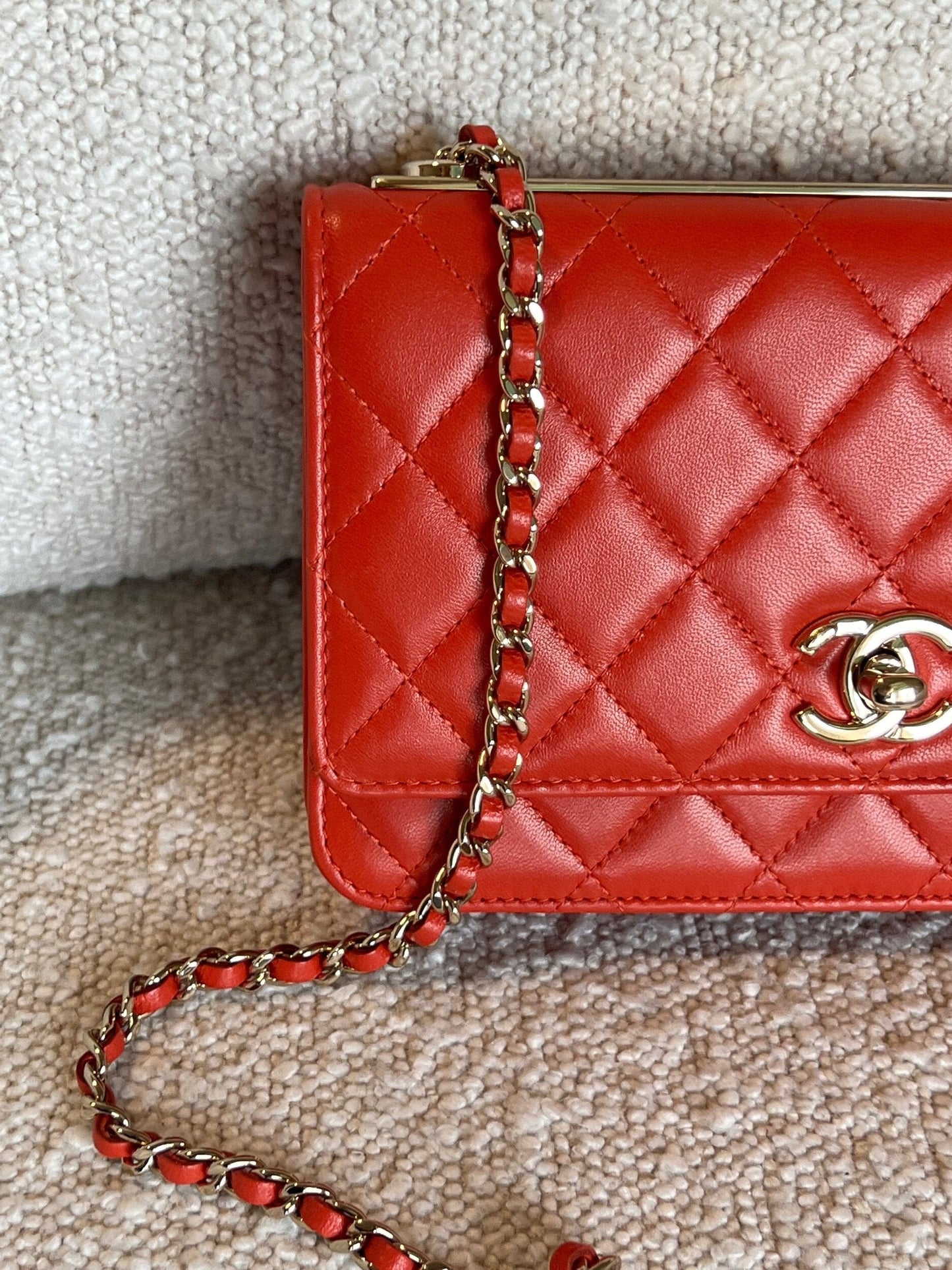 Red Lambskin Quilted Trendy CC Wallet on Chain (WOC)