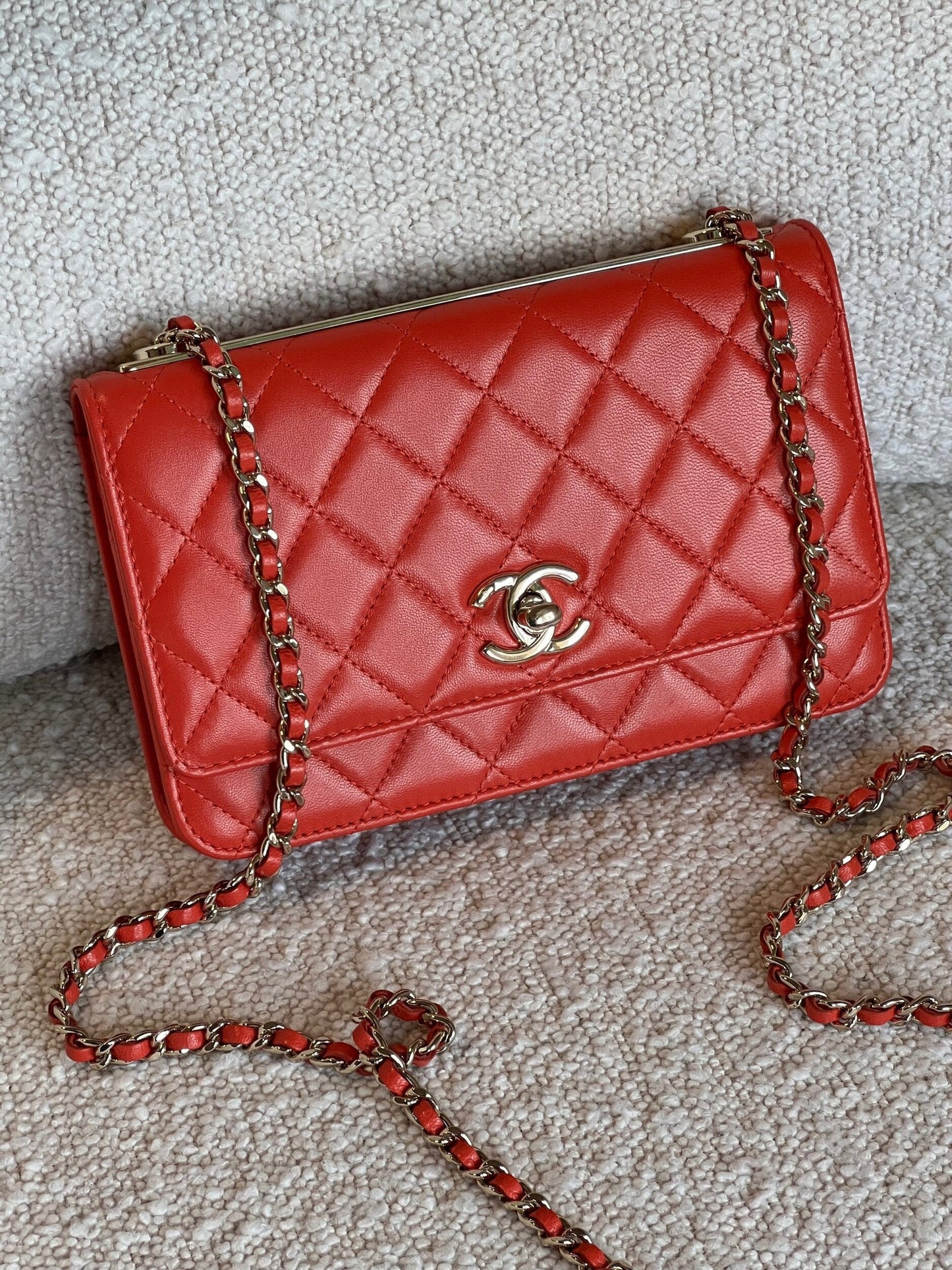 Red Lambskin Quilted Trendy CC Wallet on Chain (WOC)