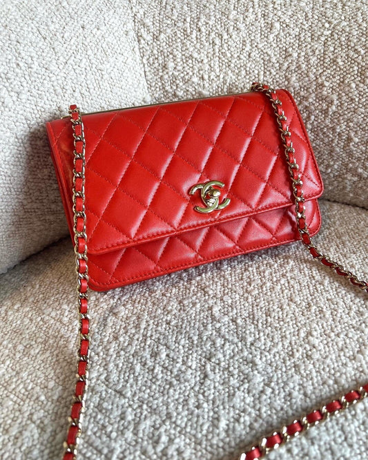 Red Lambskin Quilted Trendy CC Wallet on Chain (WOC)