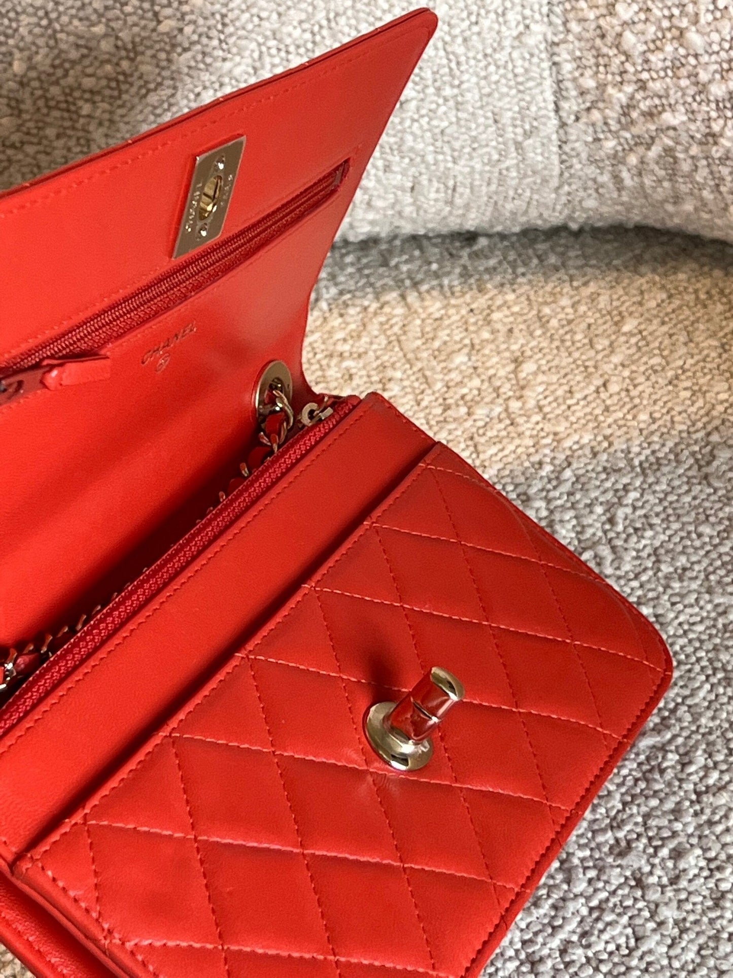 Red Lambskin Quilted Trendy CC Wallet on Chain (WOC)