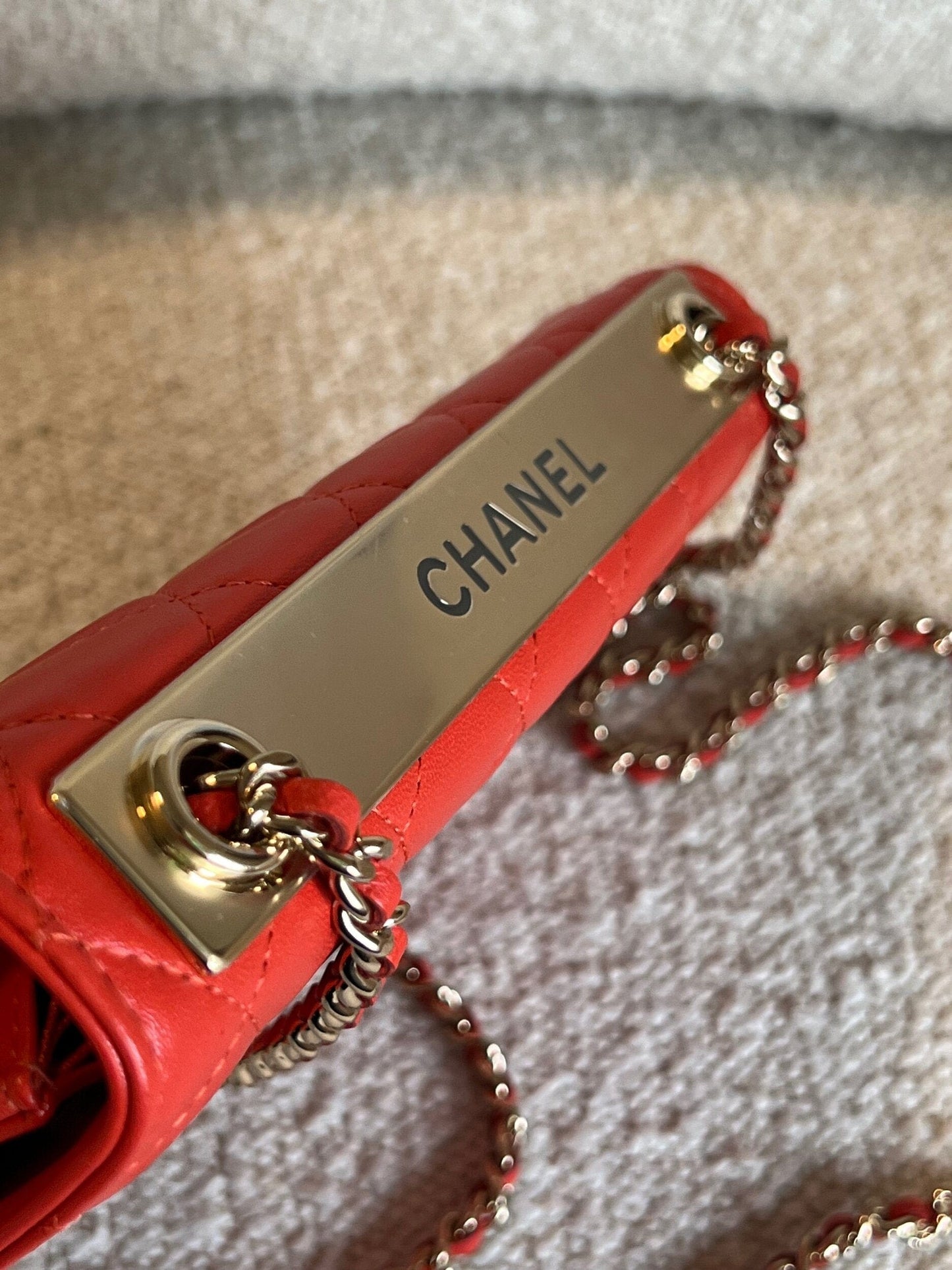 Red Lambskin Quilted Trendy CC Wallet on Chain (WOC)