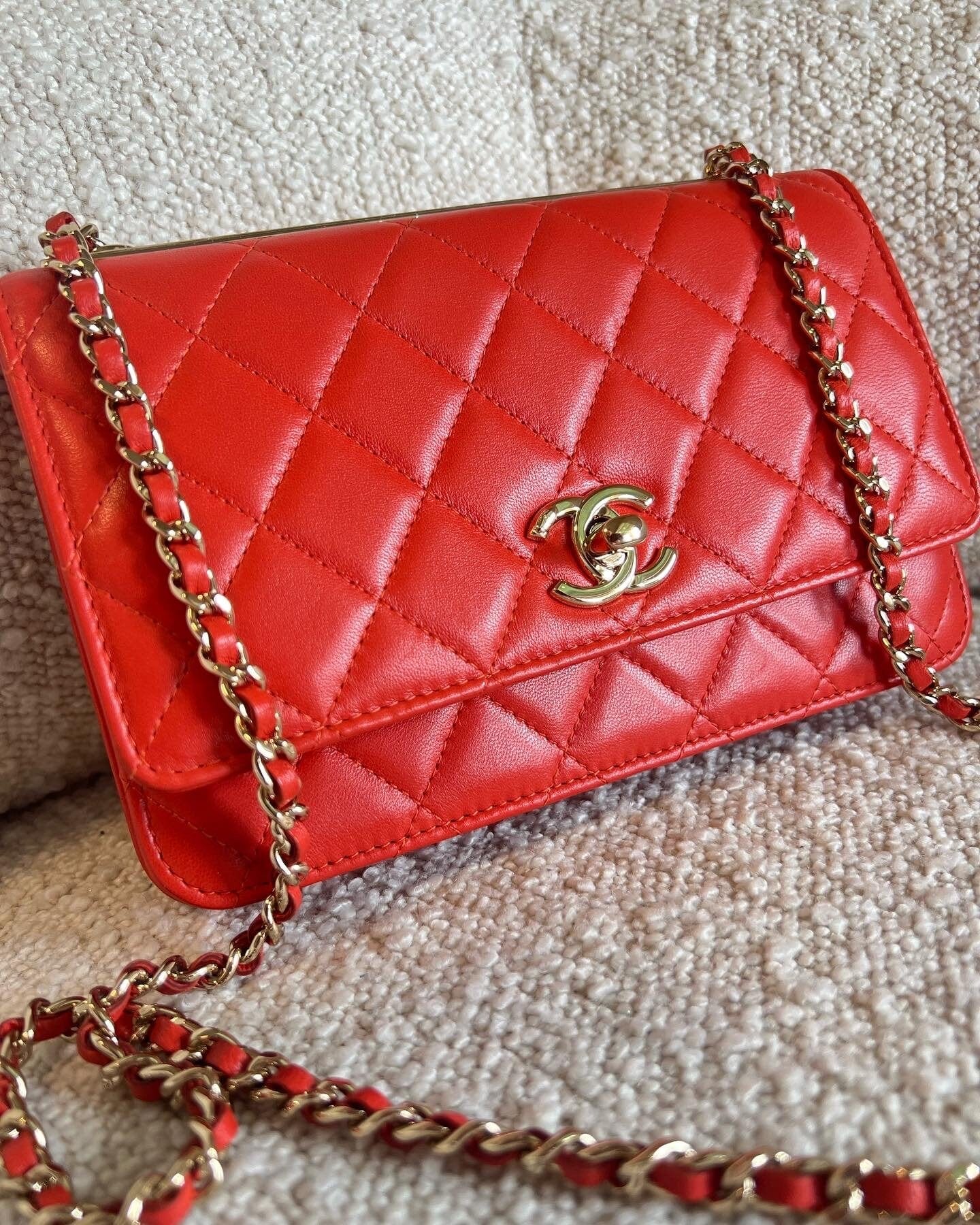 Red Lambskin Quilted Trendy CC Wallet on Chain (WOC)