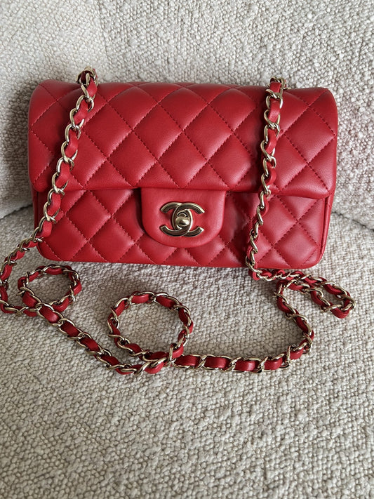 Red Mini Rectangular Lambskin Quilted LGHW