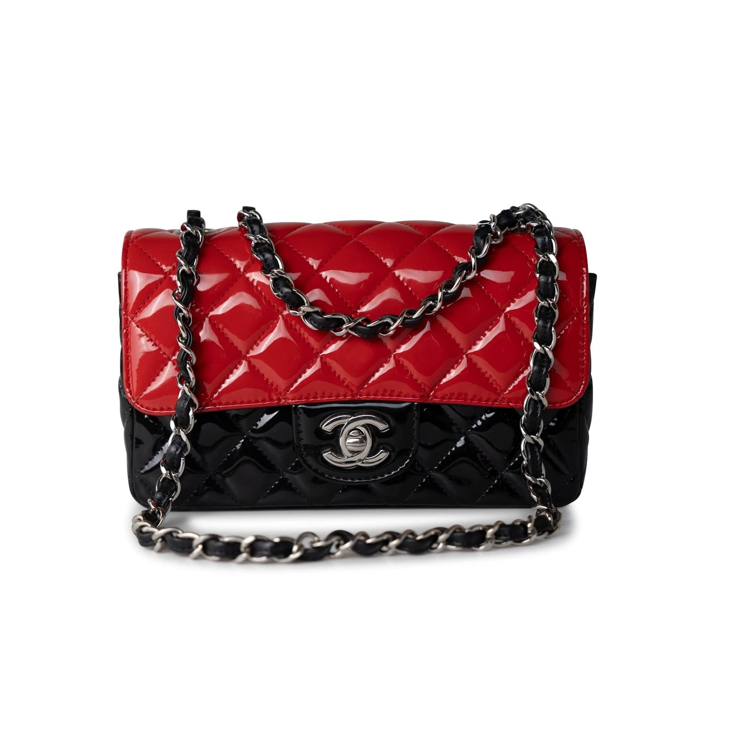 Red | Black Patent Quilted Mini rectangular Single Flap Silver Hardware