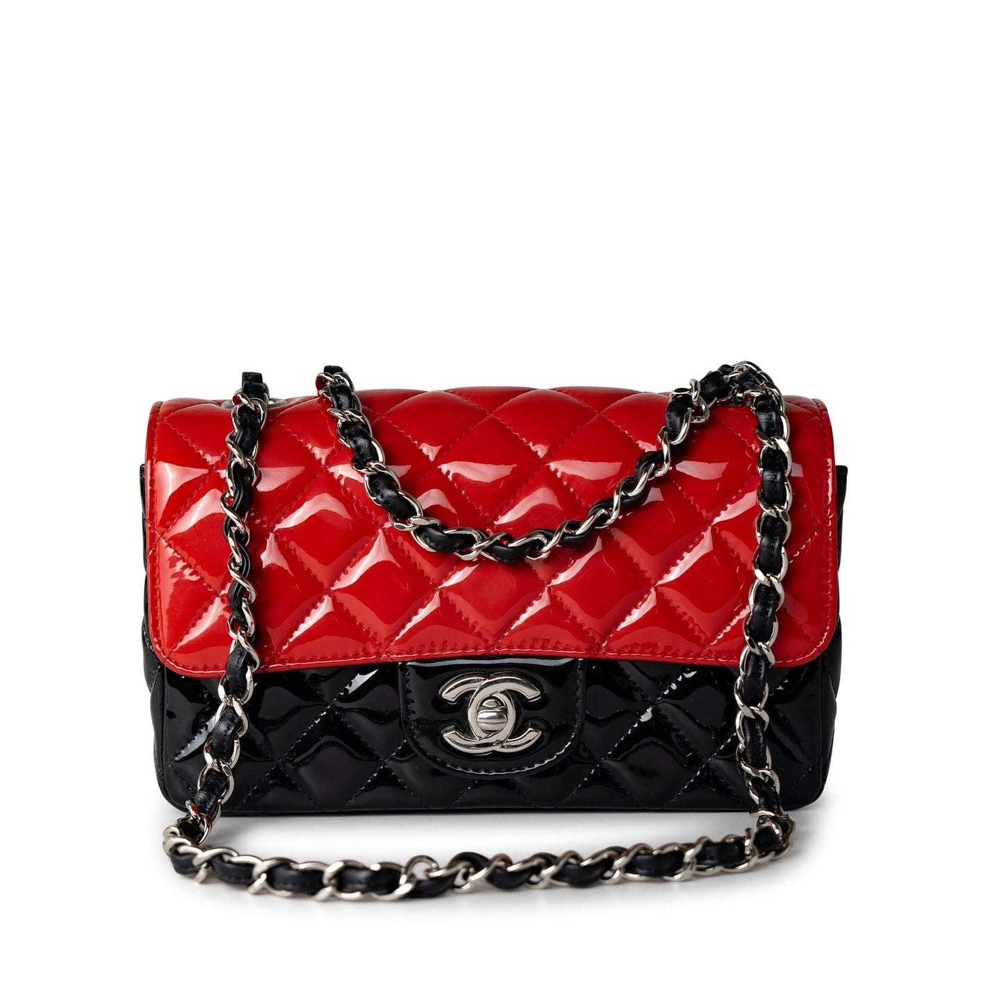 Red | Black Patent Quilted Mini rectangular Single Flap Silver Hardware