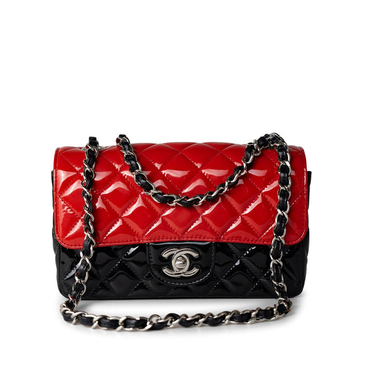 Red | Black Patent Quilted Mini rectangular Single Flap Silver Hardware