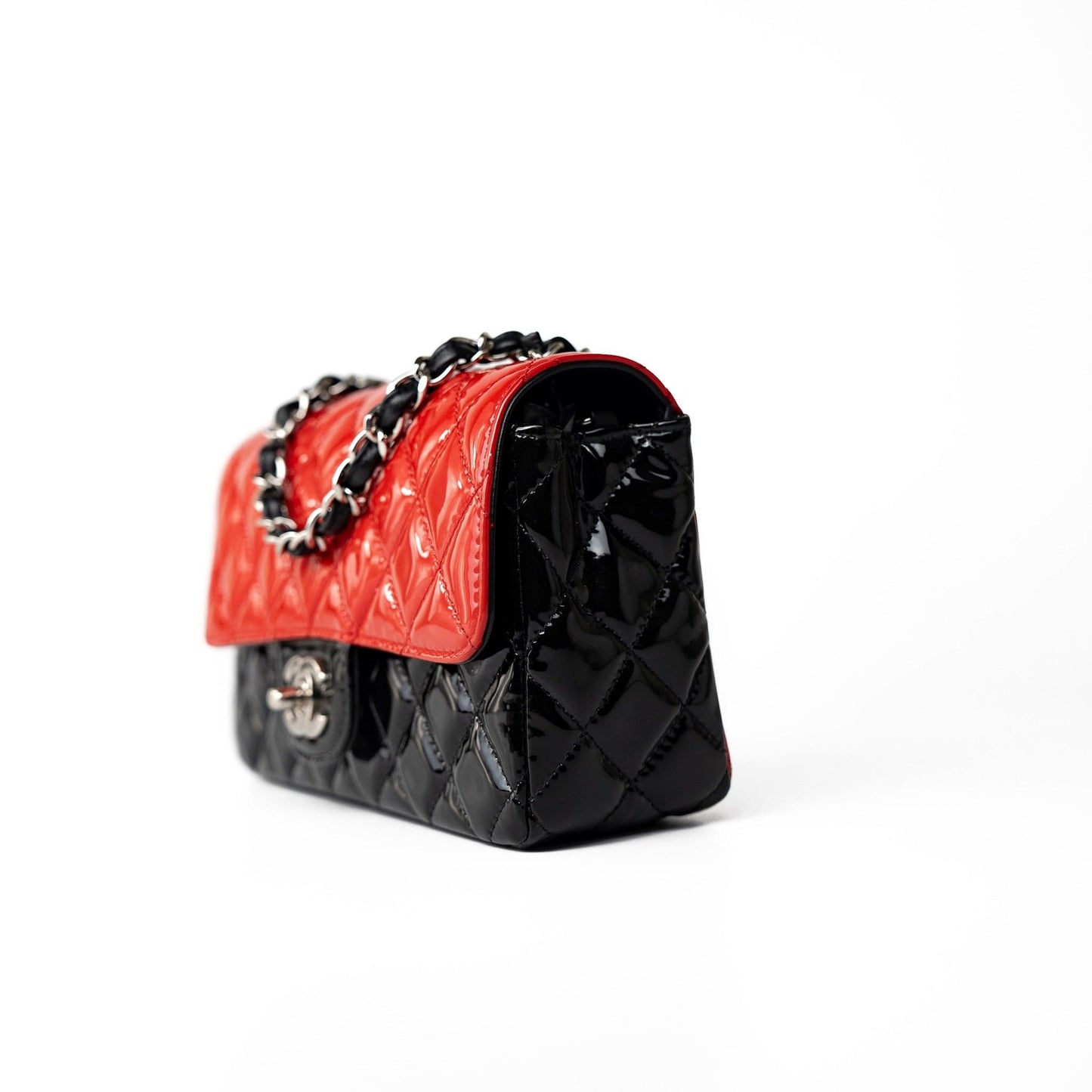 Red | Black Patent Quilted Mini rectangular Single Flap Silver Hardware