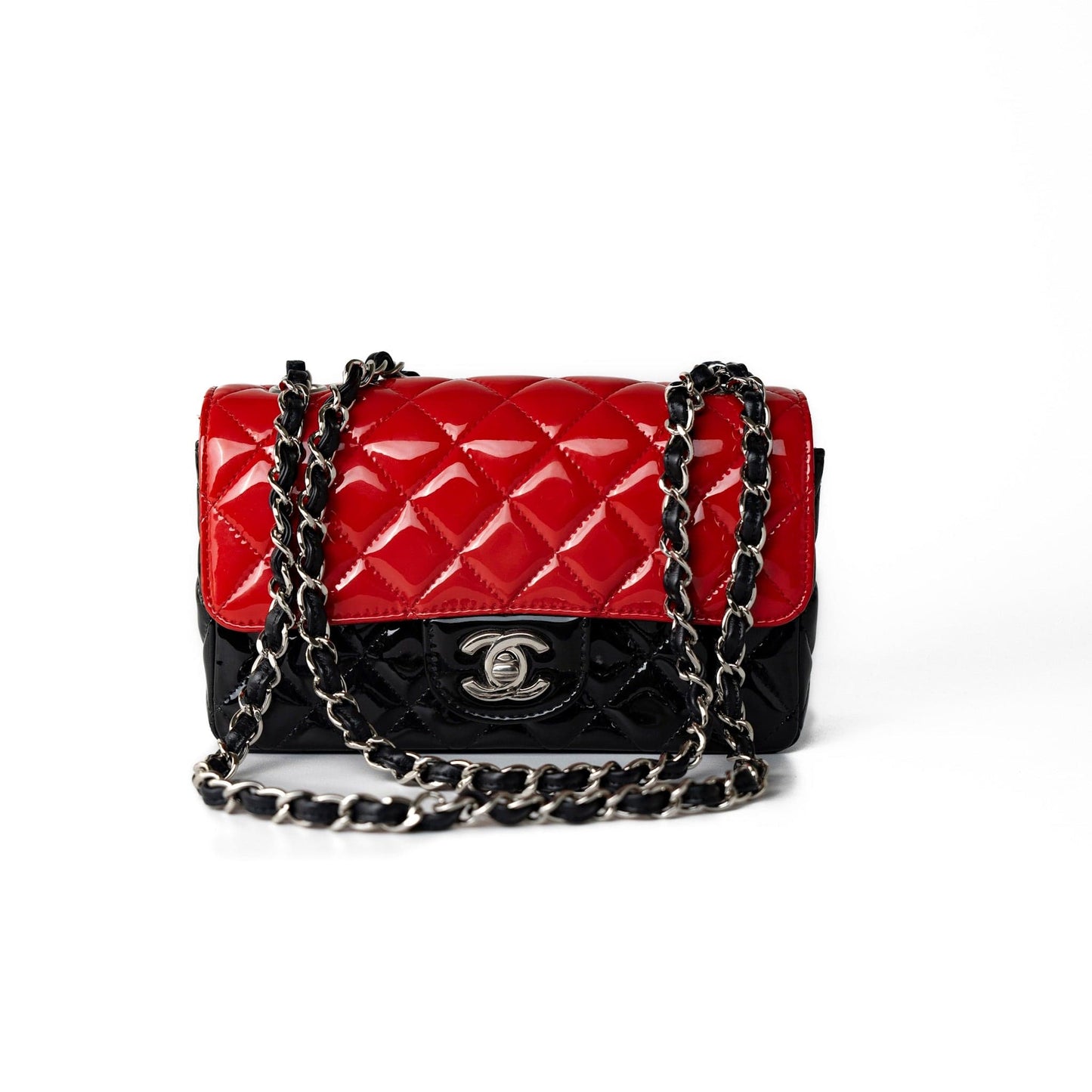 Red | Black Patent Quilted Mini rectangular Single Flap Silver Hardware