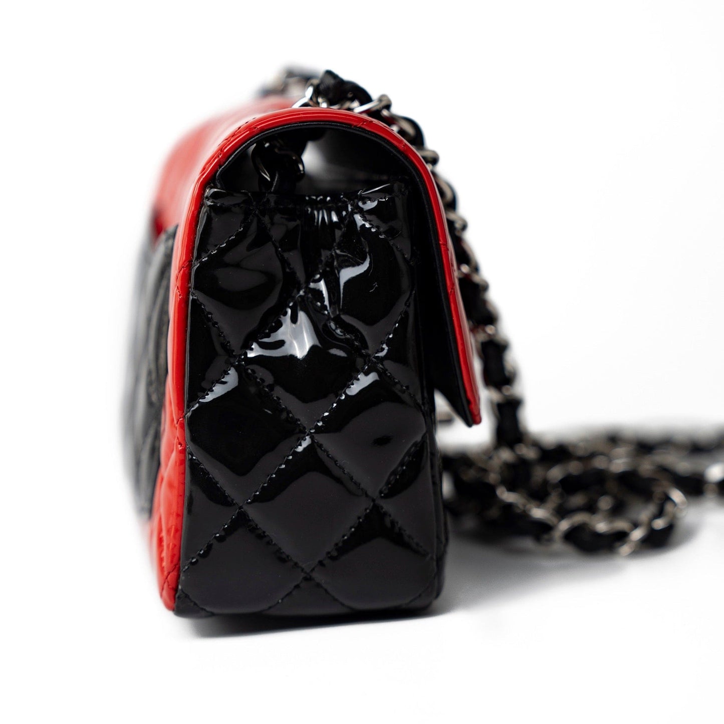 Red | Black Patent Quilted Mini rectangular Single Flap Silver Hardware