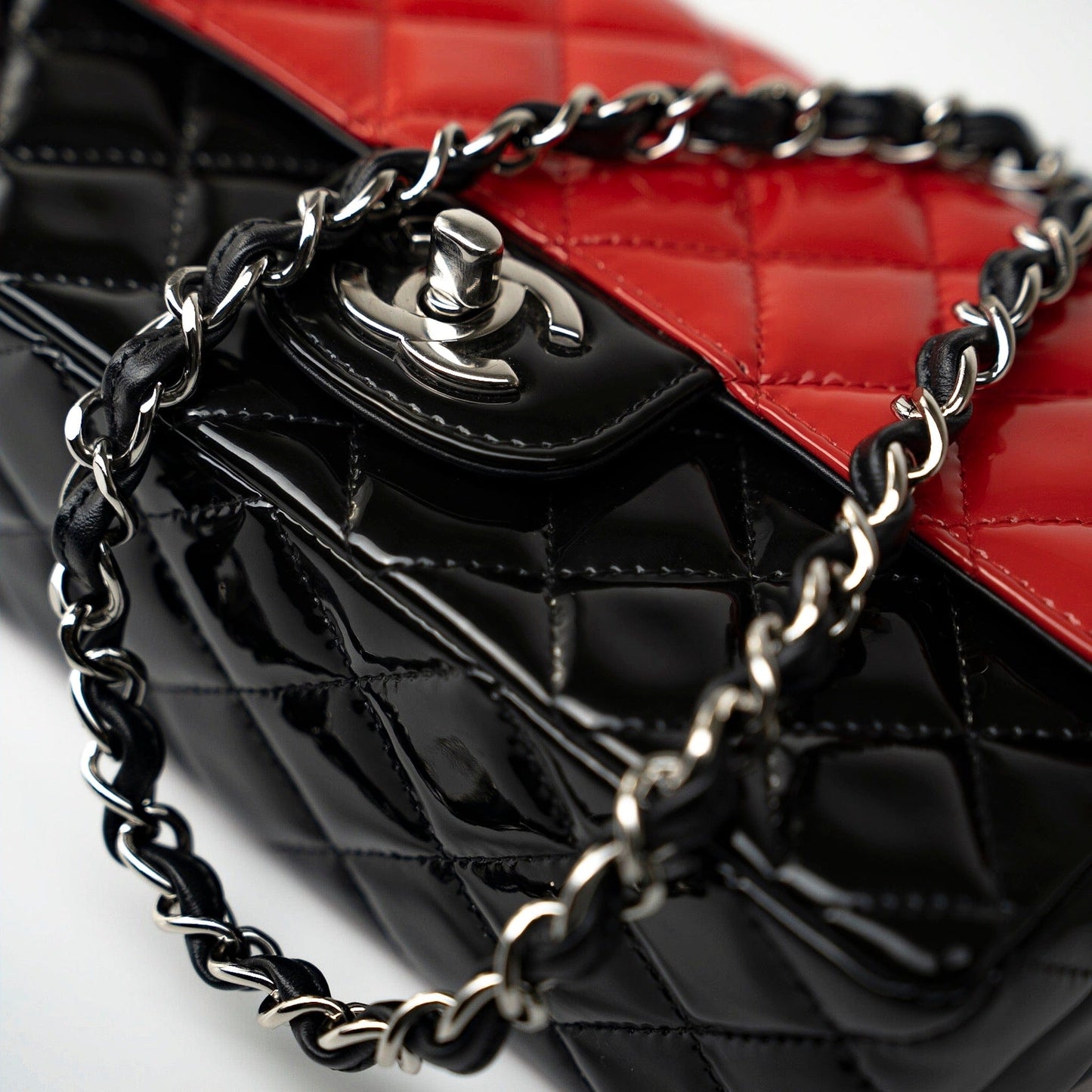 Red | Black Patent Quilted Mini rectangular Single Flap Silver Hardware