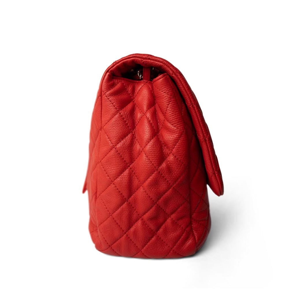 Red Grained Calfskin XXL Travel Flap Bag Light Gold Hardware