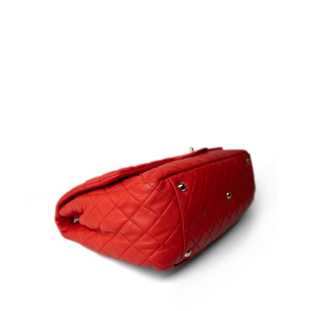Red Grained Calfskin XXL Travel Flap Bag Light Gold Hardware