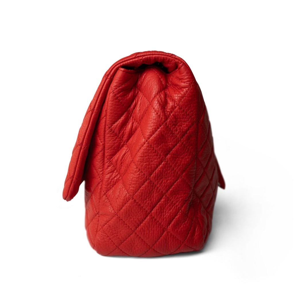 Red Grained Calfskin XXL Travel Flap Bag Light Gold Hardware