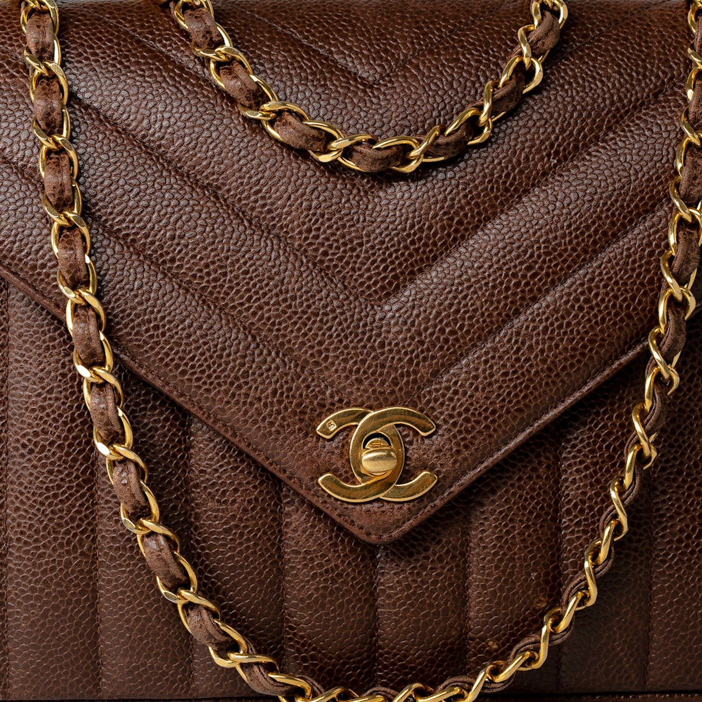 Repair of Vintage Brown Caviar Chevron Coco Envelope Gold Hardware