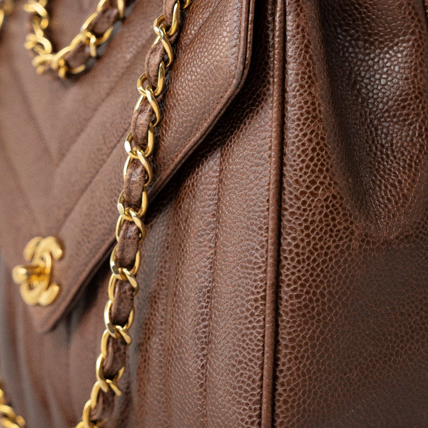 Repair of Vintage Brown Caviar Chevron Coco Envelope Gold Hardware