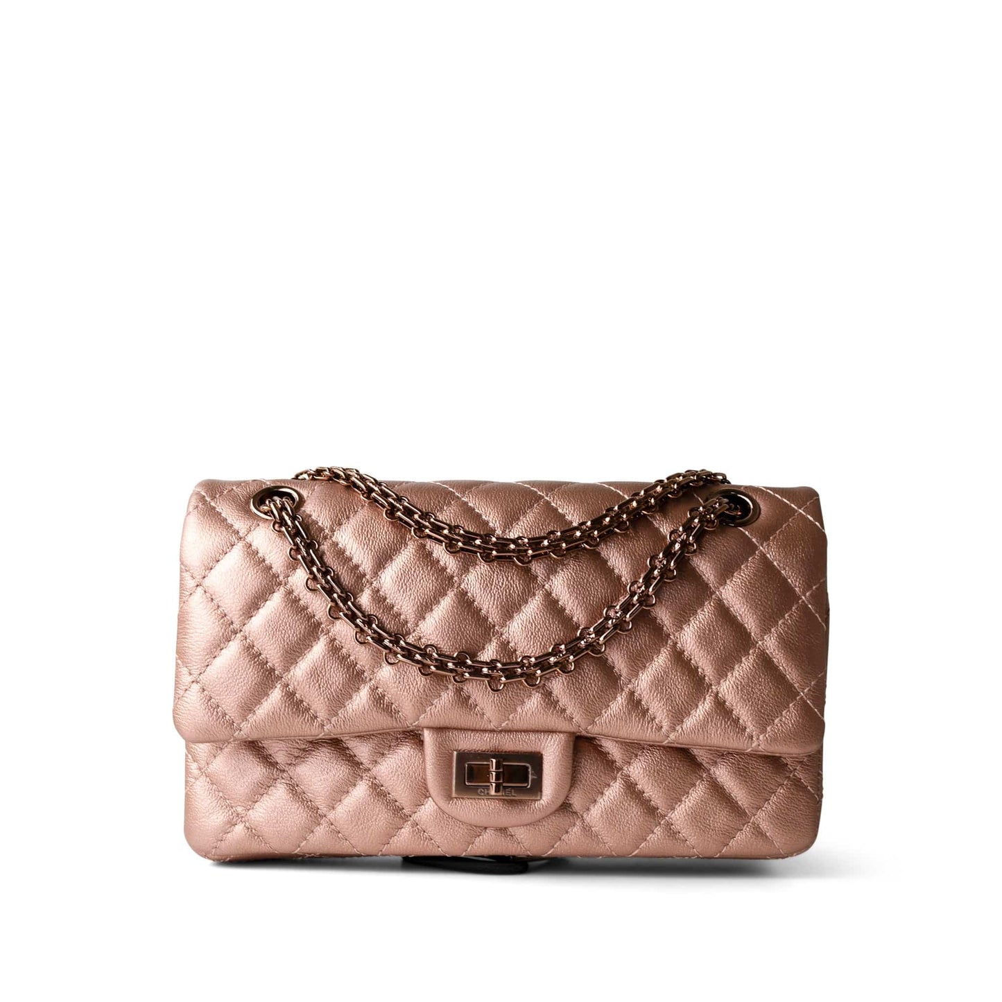2.55 Rose Gold Grained Calfskin Quilted Medium Double Flap
