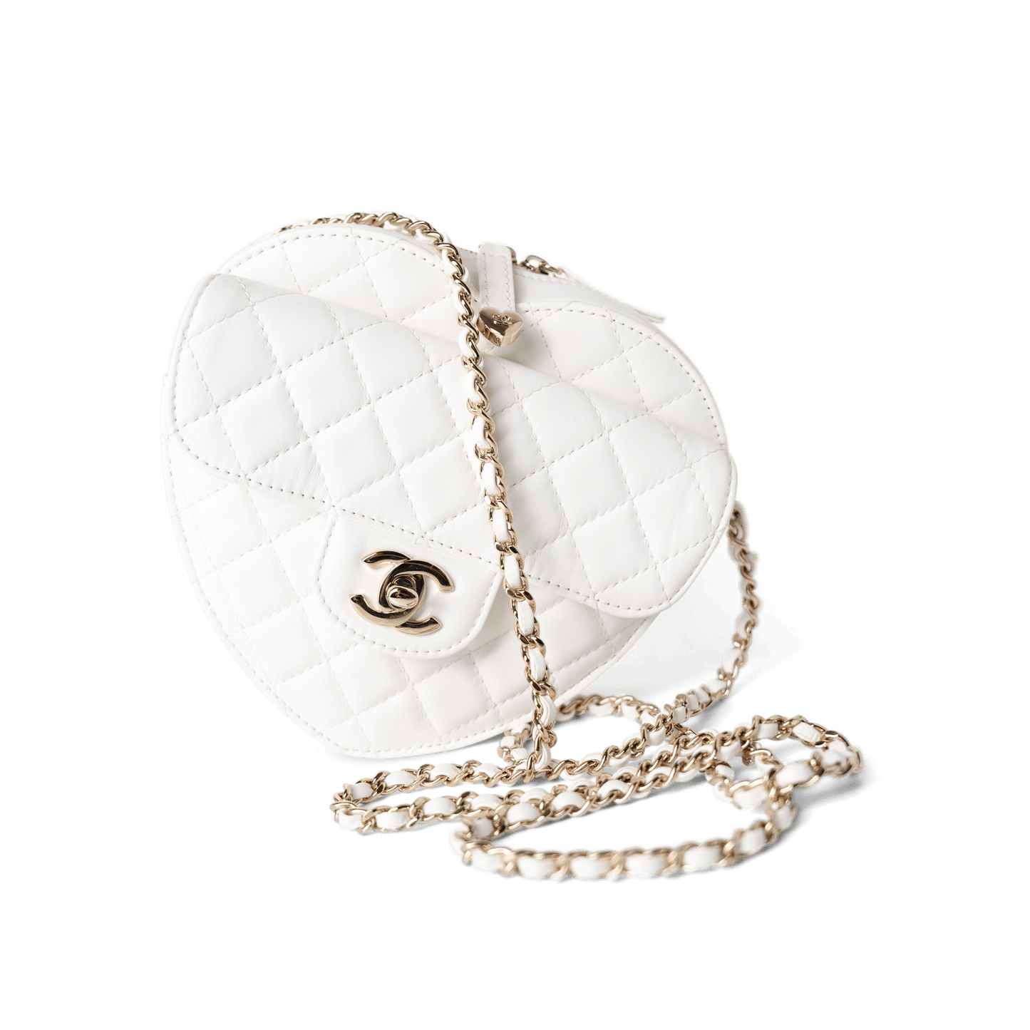 22S White Lambskin Quilted Large Heart Bag Light Gold Hardware