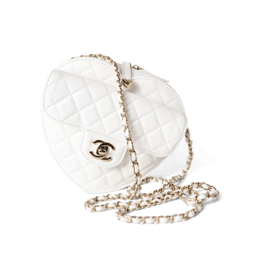 22S White Lambskin Quilted Large Heart Bag Light Gold Hardware