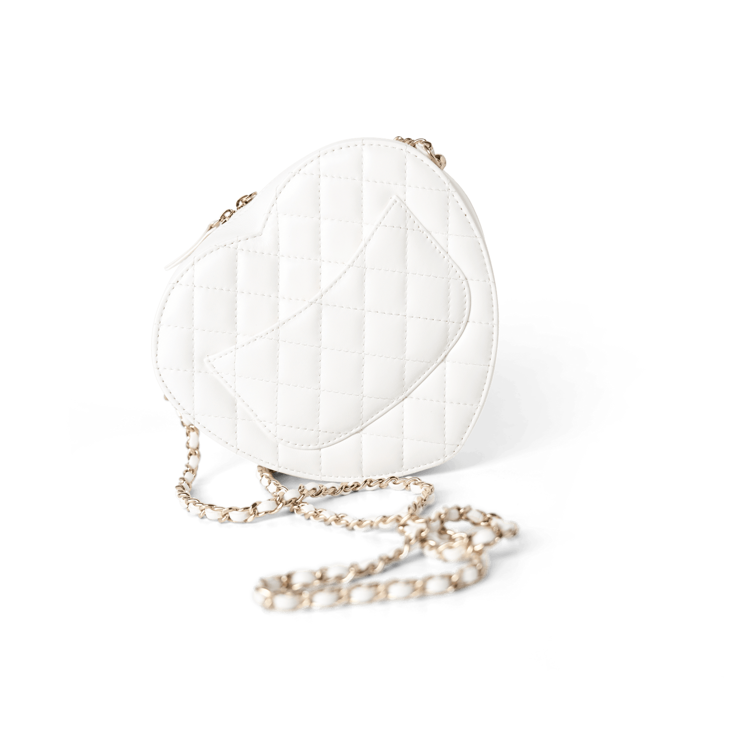 22S White Lambskin Quilted Large Heart Bag Light Gold Hardware