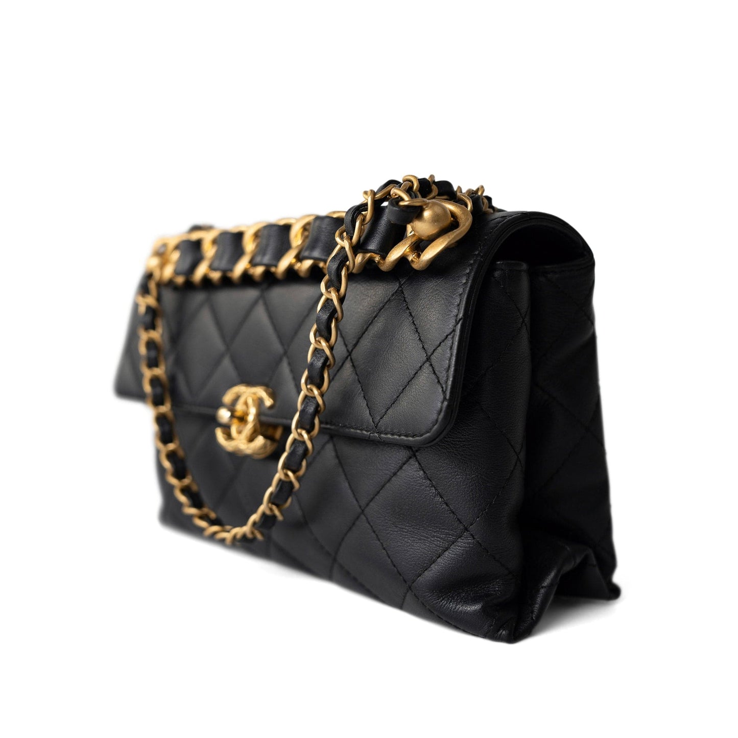 Black Lambskin Quilted Chain Infinity Single Flap Antique Gold Hardware