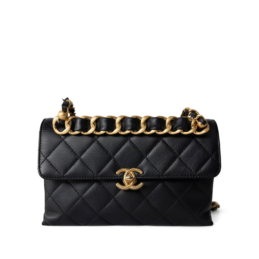 Black Lambskin Quilted Chain Infinity Single Flap Antique Gold Hardware
