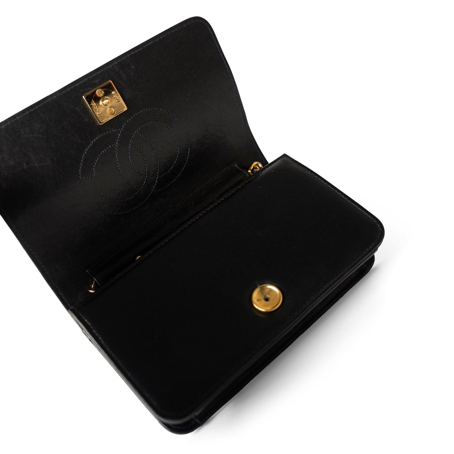 Vintage Black Lambskin Quilted Mini Full Flap Bag Gold Hardware