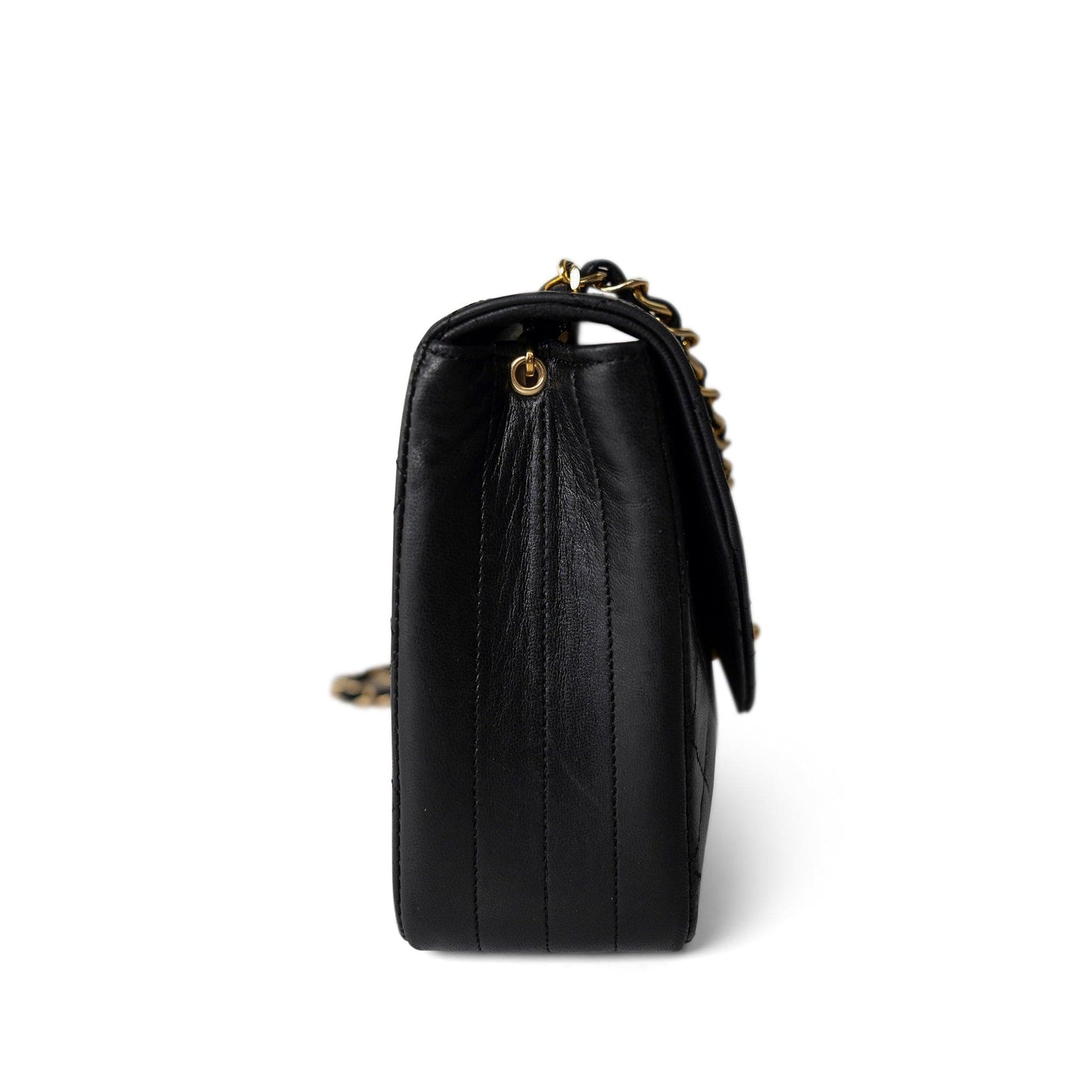 Vintage Black Lambskin Quilted Rounded Flap Gold Hardware