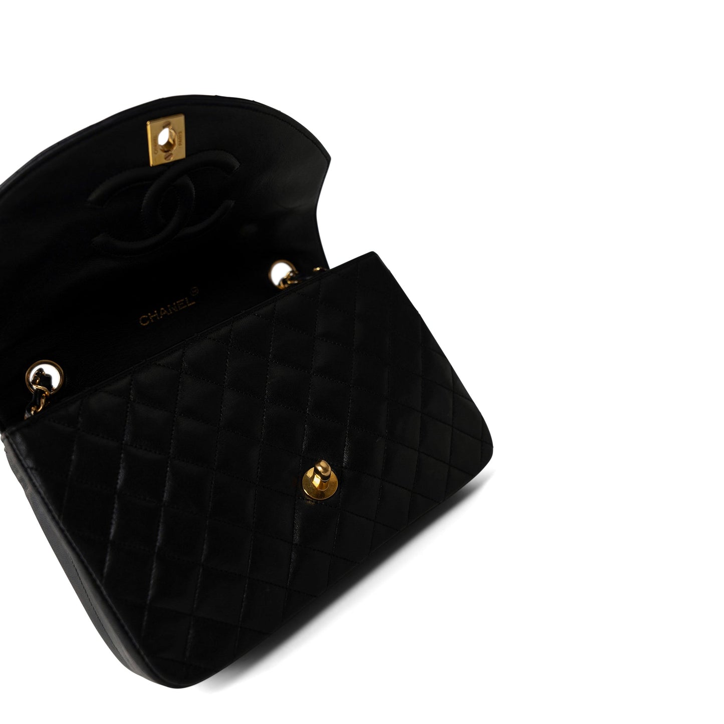 Vintage Black Lambskin Quilted Rounded Flap Gold Hardware