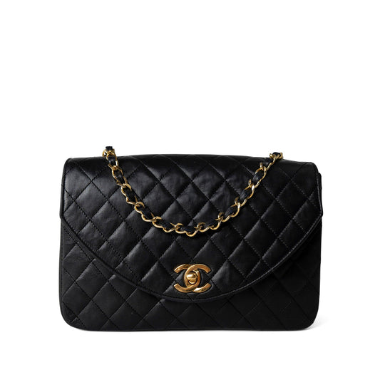 Vintage Black Lambskin Quilted Rounded Flap Gold Hardware