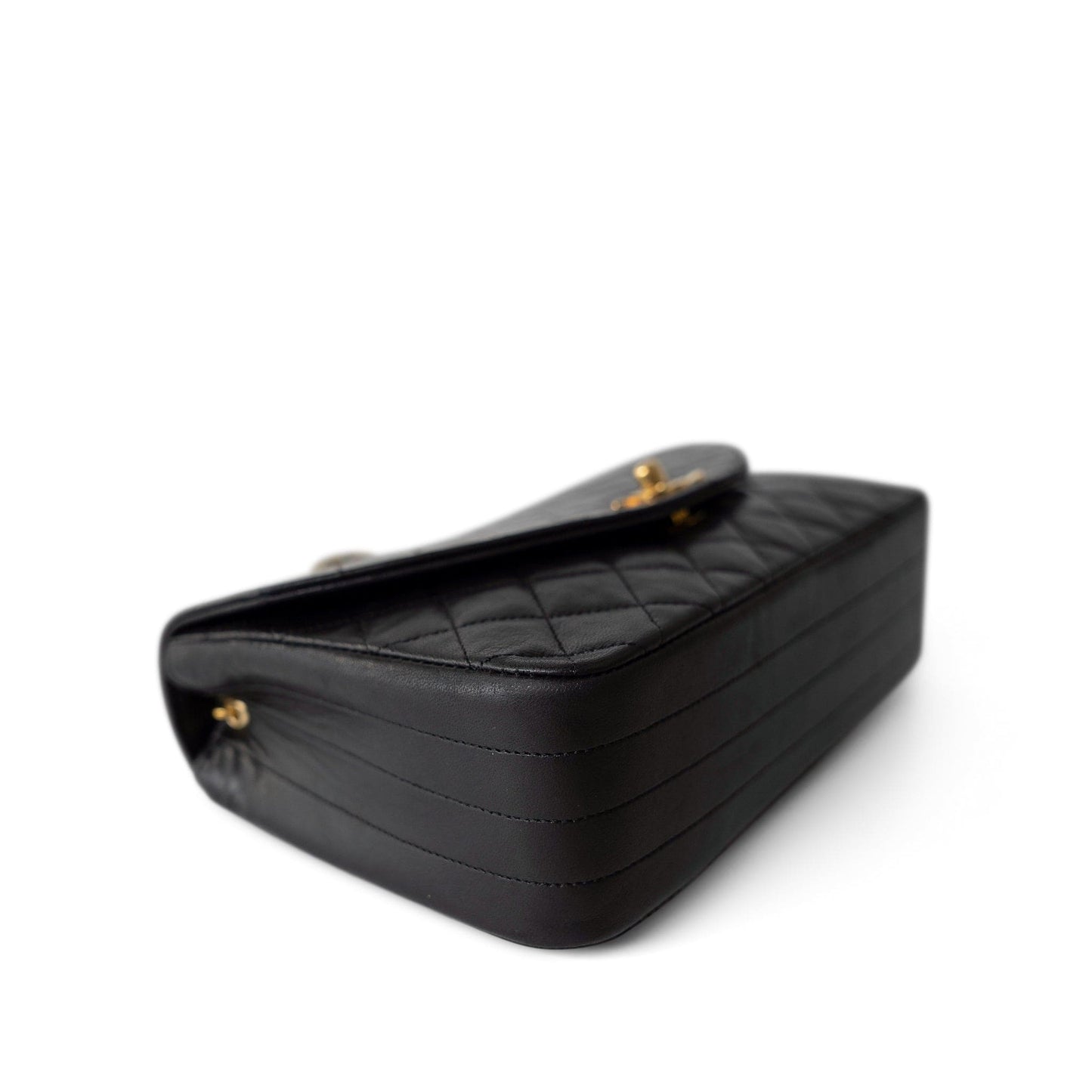 Vintage Black Lambskin Quilted Rounded Flap Gold Hardware