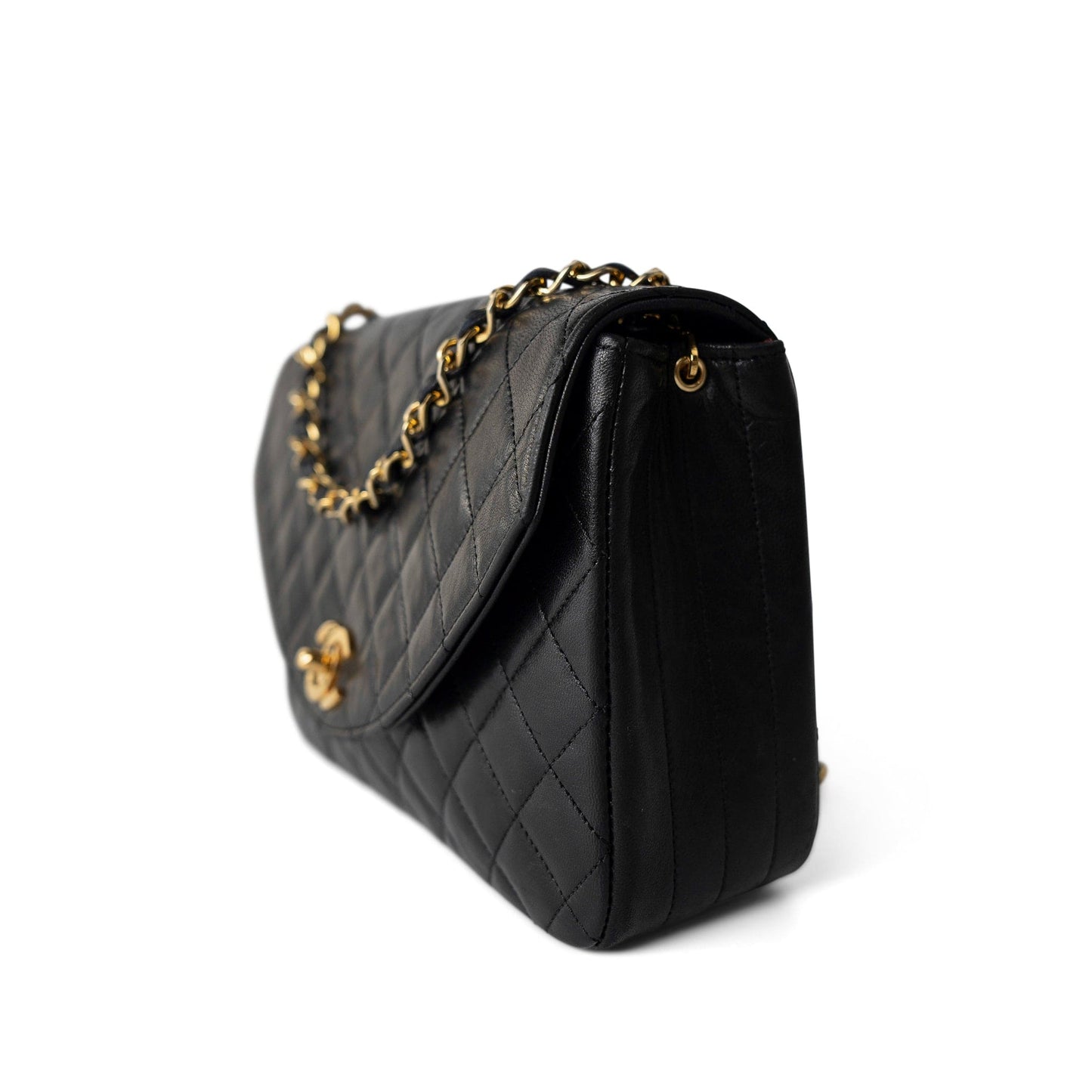 Vintage Black Lambskin Quilted Rounded Flap Gold Hardware