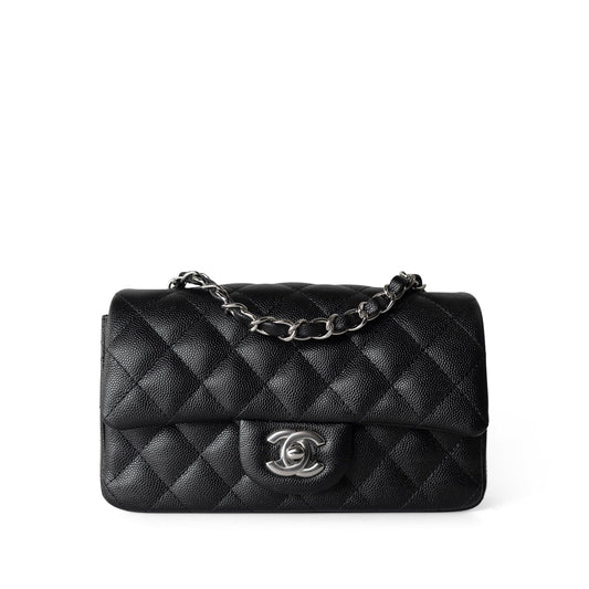 17B Black Caviar Quilted Mini Rectangular Flap Silver Hardware