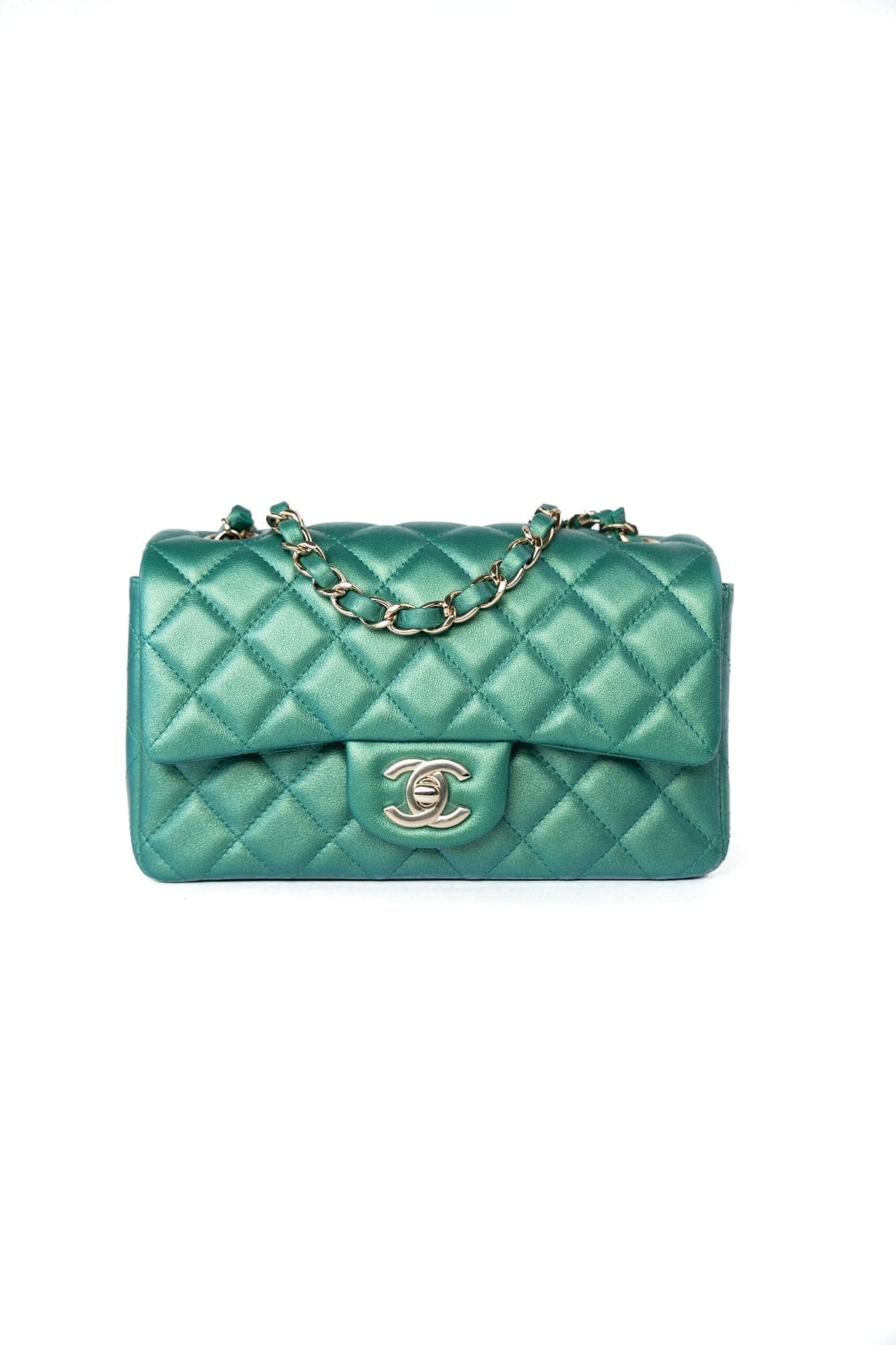 22A Iridescent Green Lambskin Quilted Mini Rectangular Single Flap Light Gold Hardware