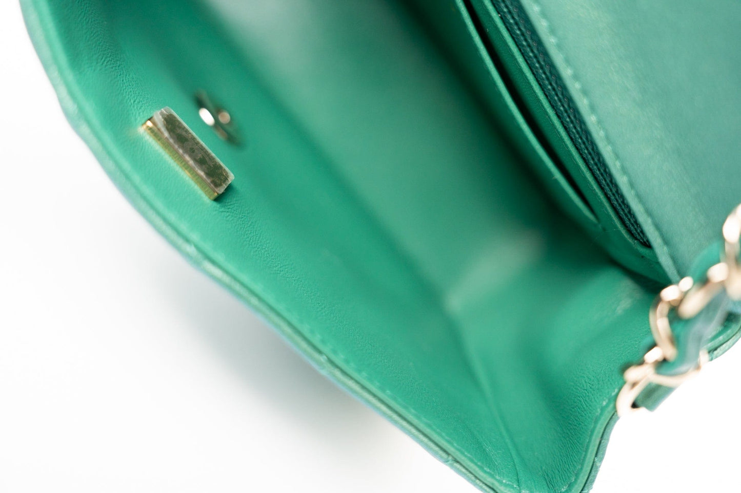 22A Iridescent Green Lambskin Quilted Mini Rectangular Single Flap Light Gold Hardware