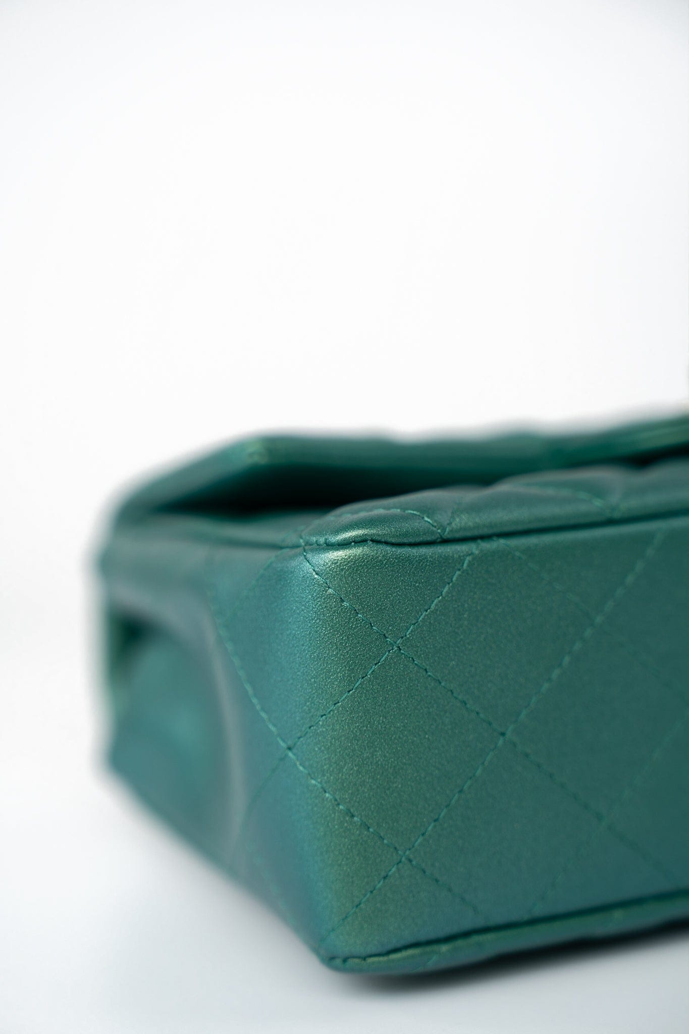 22A Iridescent Green Lambskin Quilted Mini Rectangular Single Flap Light Gold Hardware