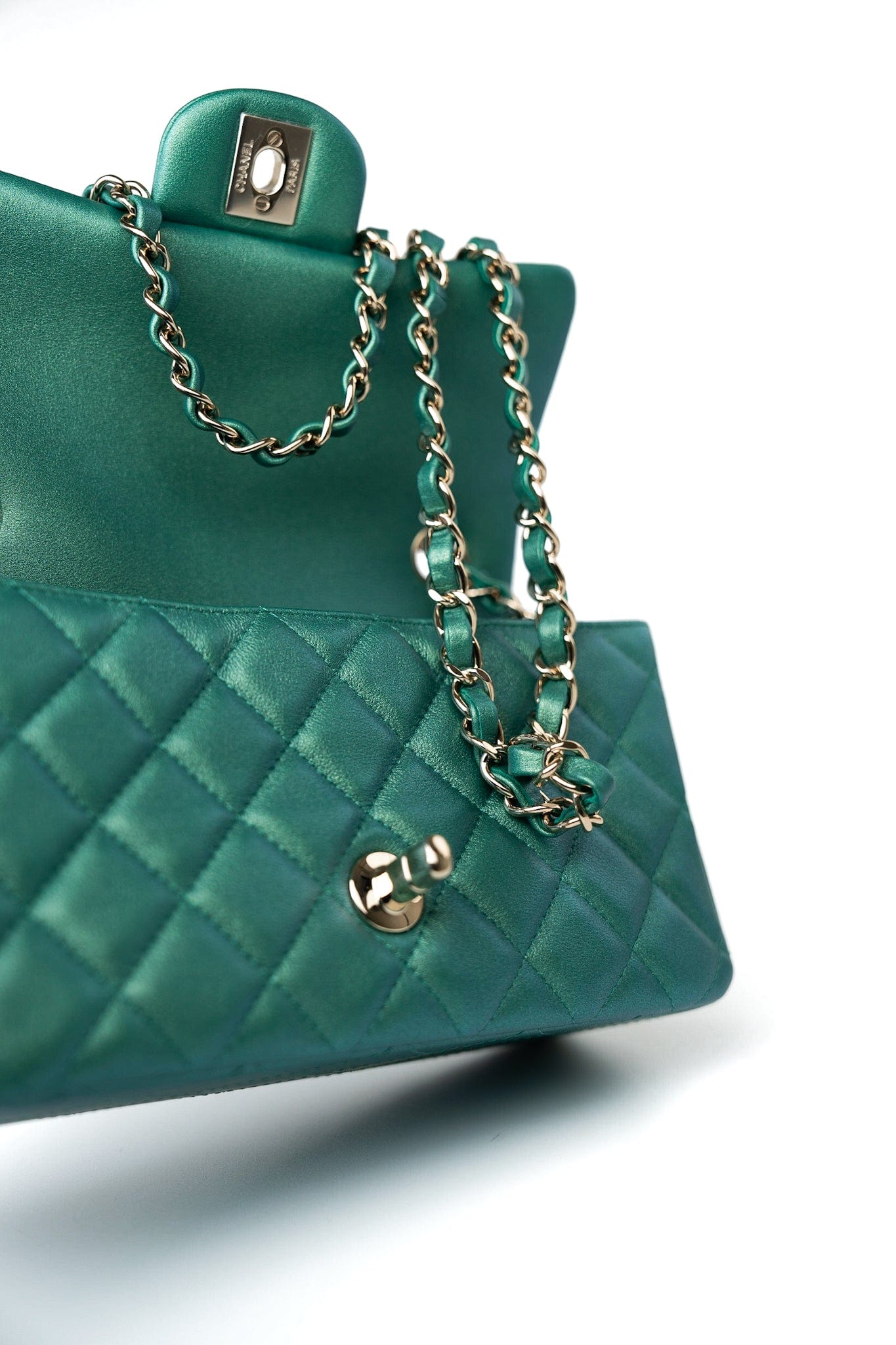 22A Iridescent Green Lambskin Quilted Mini Rectangular Single Flap Light Gold Hardware