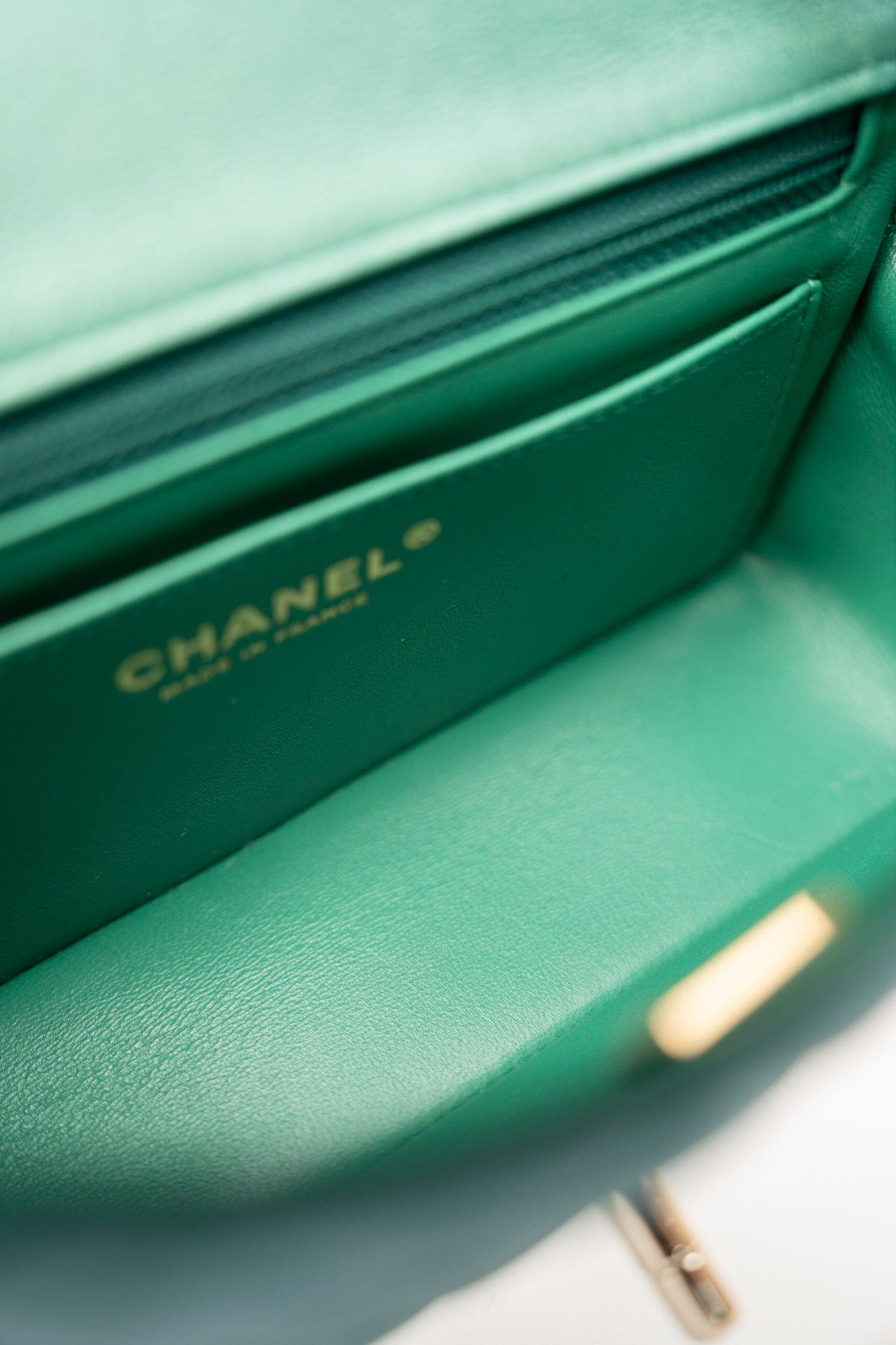 22A Iridescent Green Lambskin Quilted Mini Rectangular Single Flap Light Gold Hardware