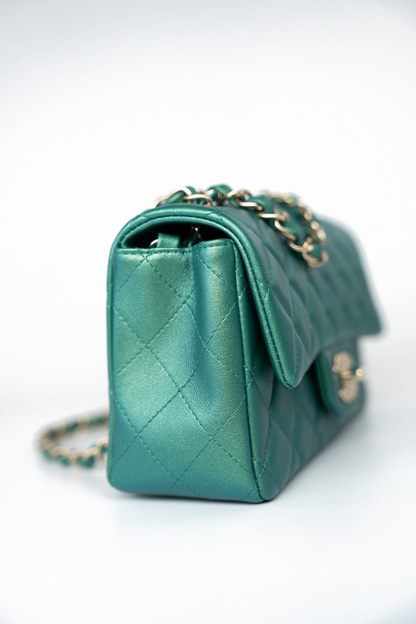 22A Iridescent Green Lambskin Quilted Mini Rectangular Single Flap Light Gold Hardware