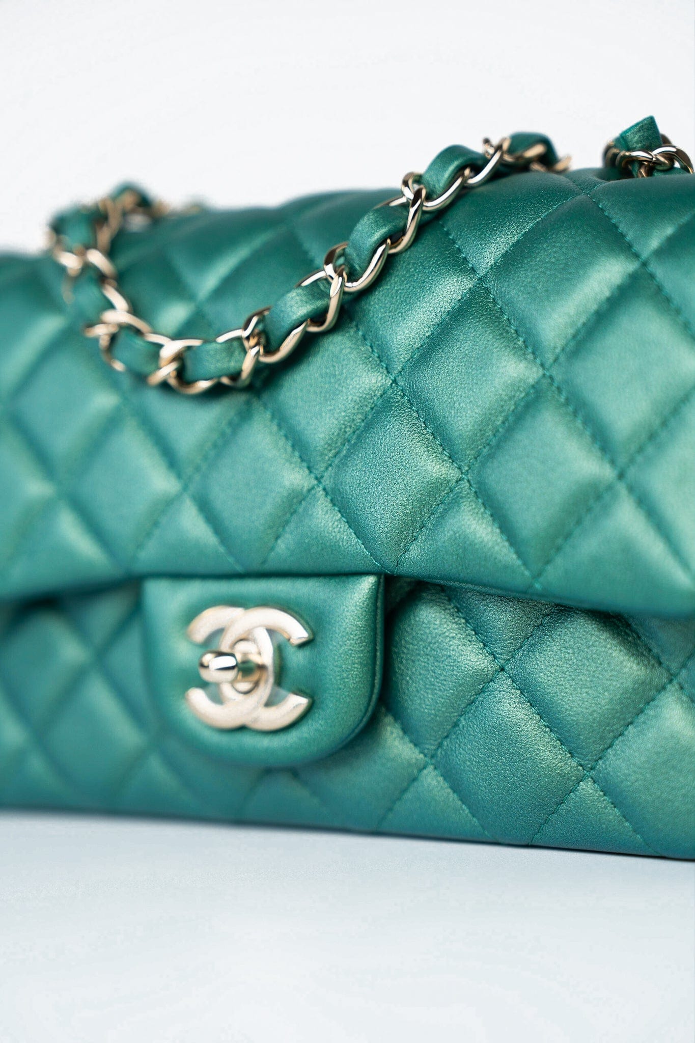 22A Iridescent Green Lambskin Quilted Mini Rectangular Single Flap Light Gold Hardware