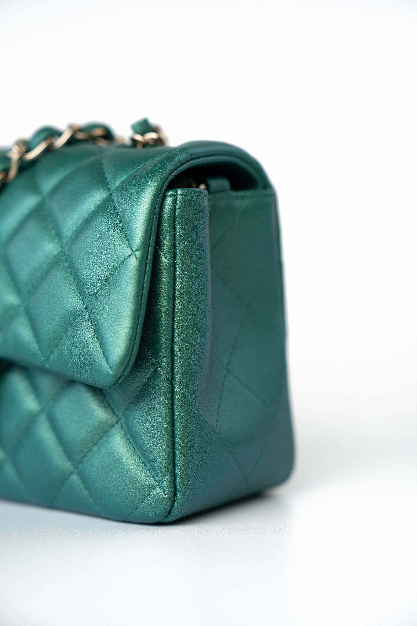 22A Iridescent Green Lambskin Quilted Mini Rectangular Single Flap Light Gold Hardware