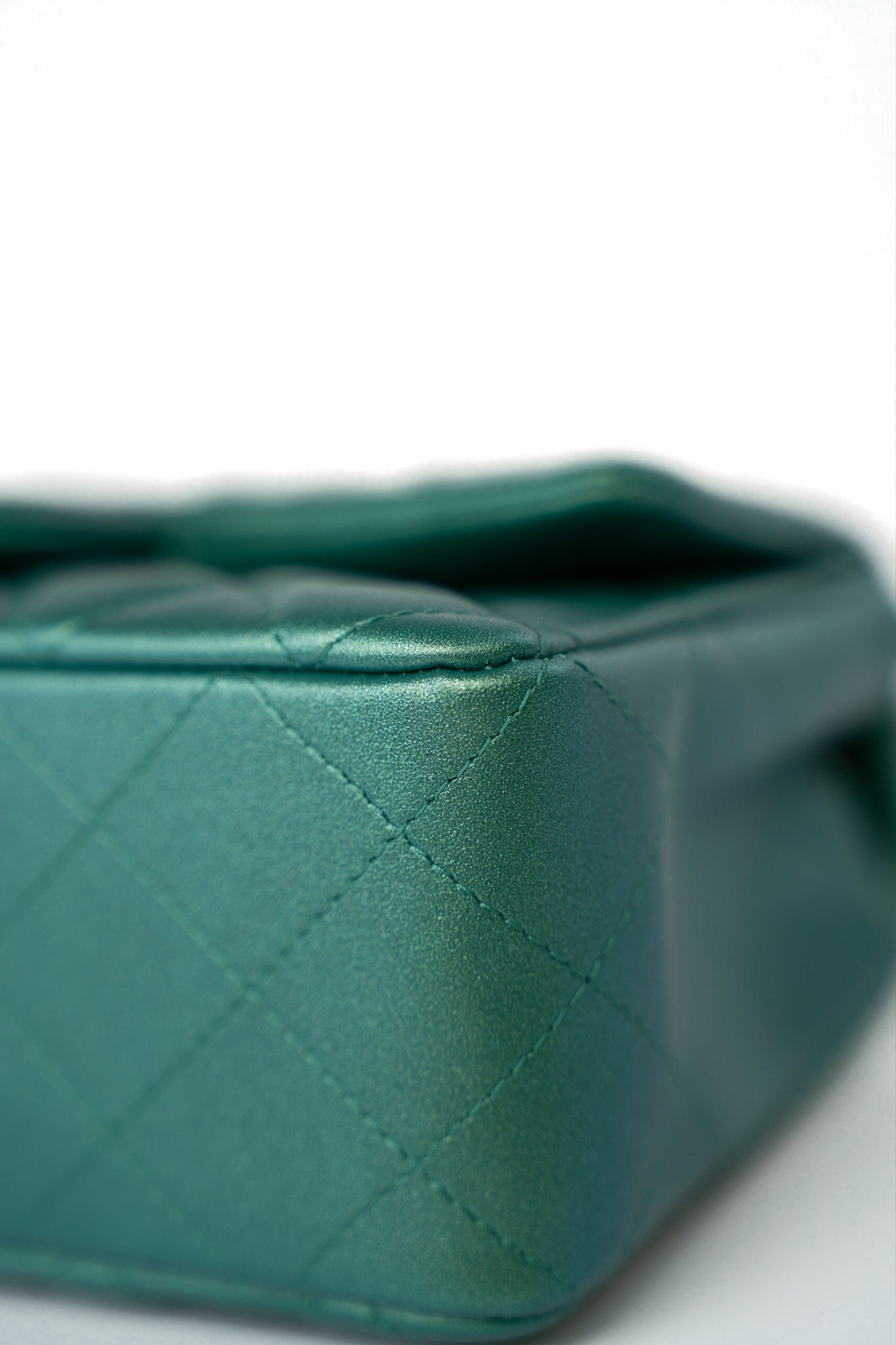 22A Iridescent Green Lambskin Quilted Mini Rectangular Single Flap Light Gold Hardware