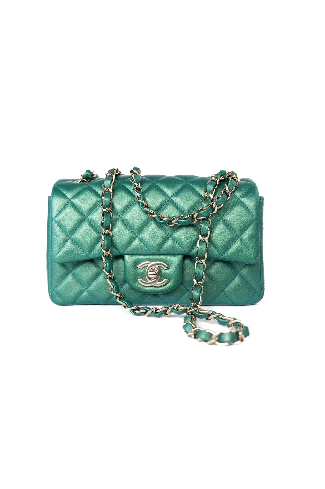 22A Iridescent Green Lambskin Quilted Mini Rectangular Single Flap Light Gold Hardware