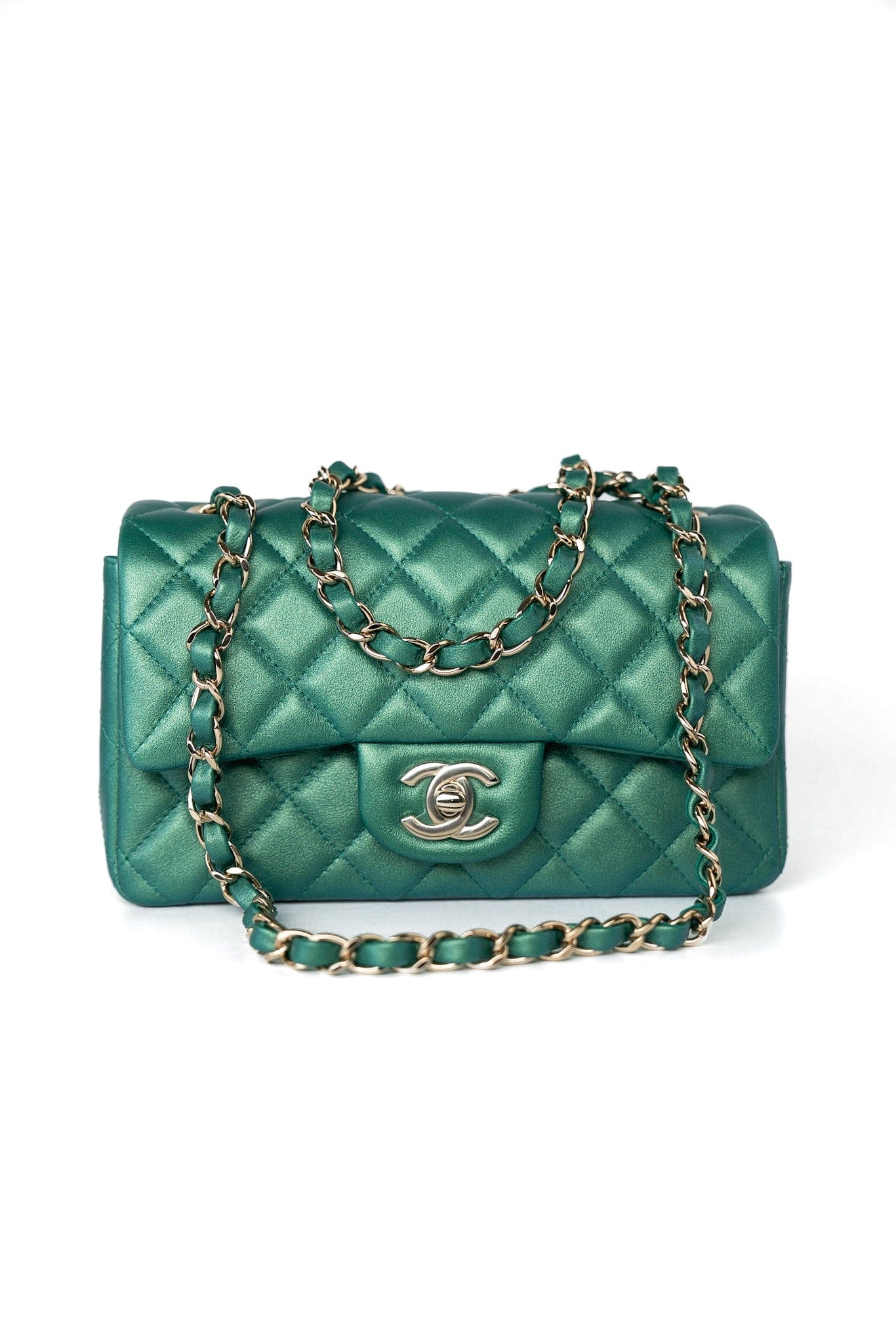 22A Iridescent Green Lambskin Quilted Mini Rectangular Single Flap Light Gold Hardware