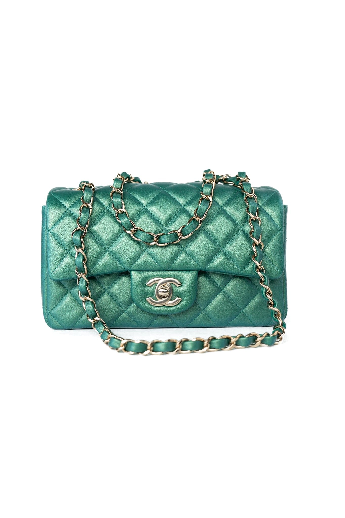 22A Iridescent Green Lambskin Quilted Mini Rectangular Single Flap Light Gold Hardware